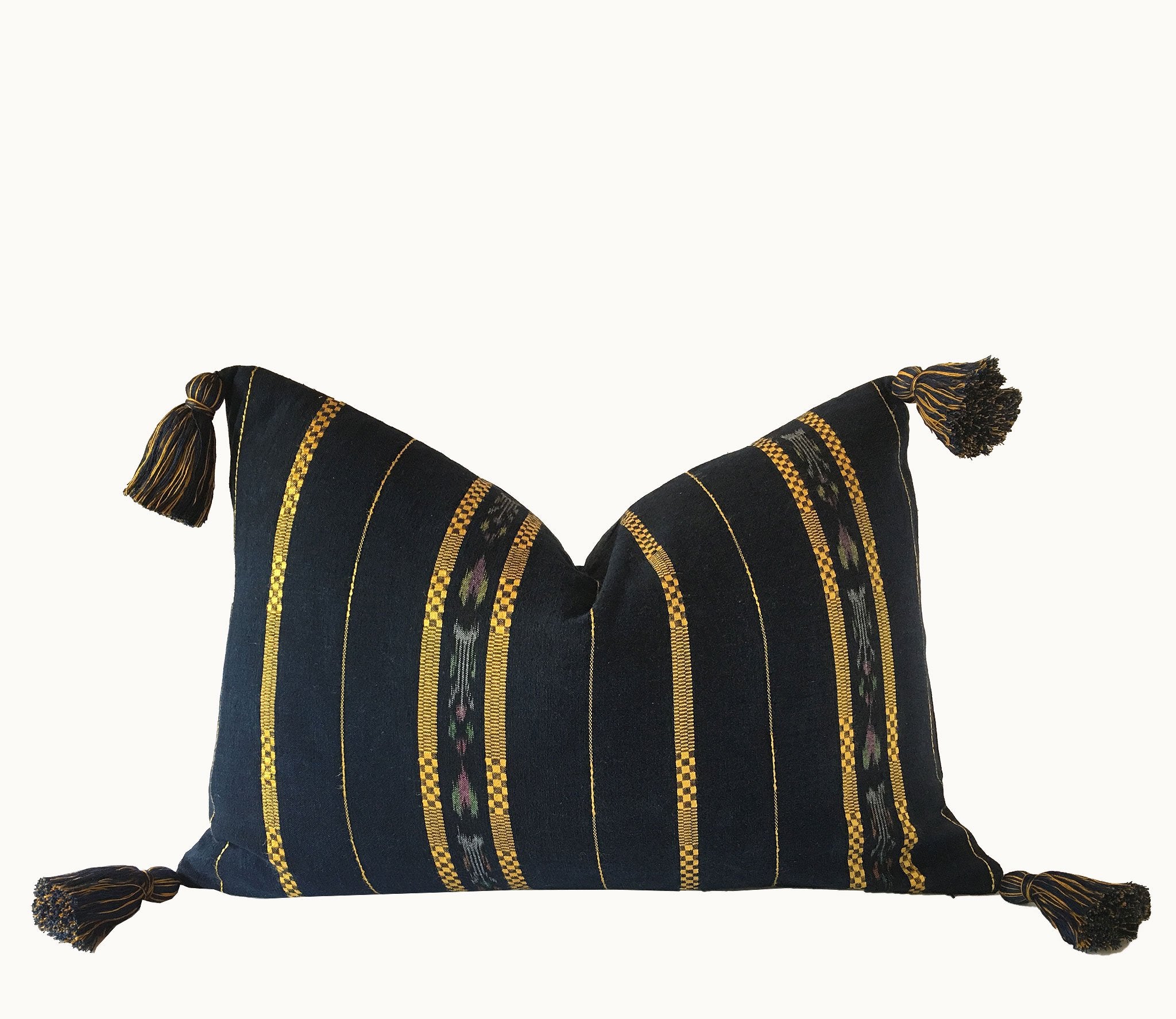 Guatemalan Textile Pillow, vintage, hand woven navy blue and gold striped lumbar cushion with tassels