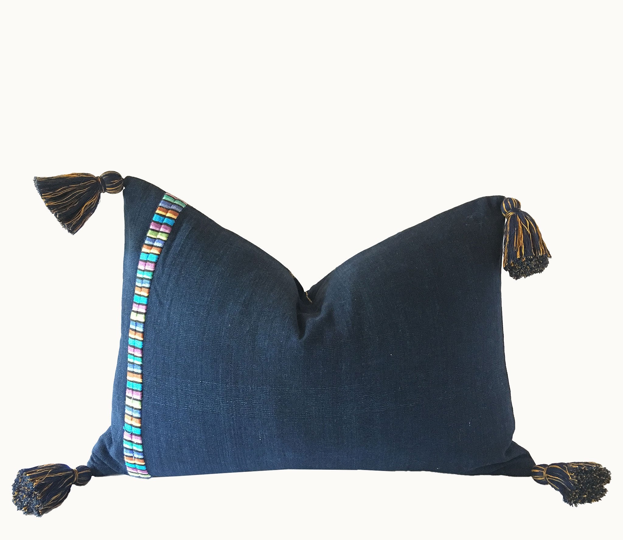 Guatemalan Textile Pillow, vintage, hand woven navy blue and gold striped lumbar cushion with tassels