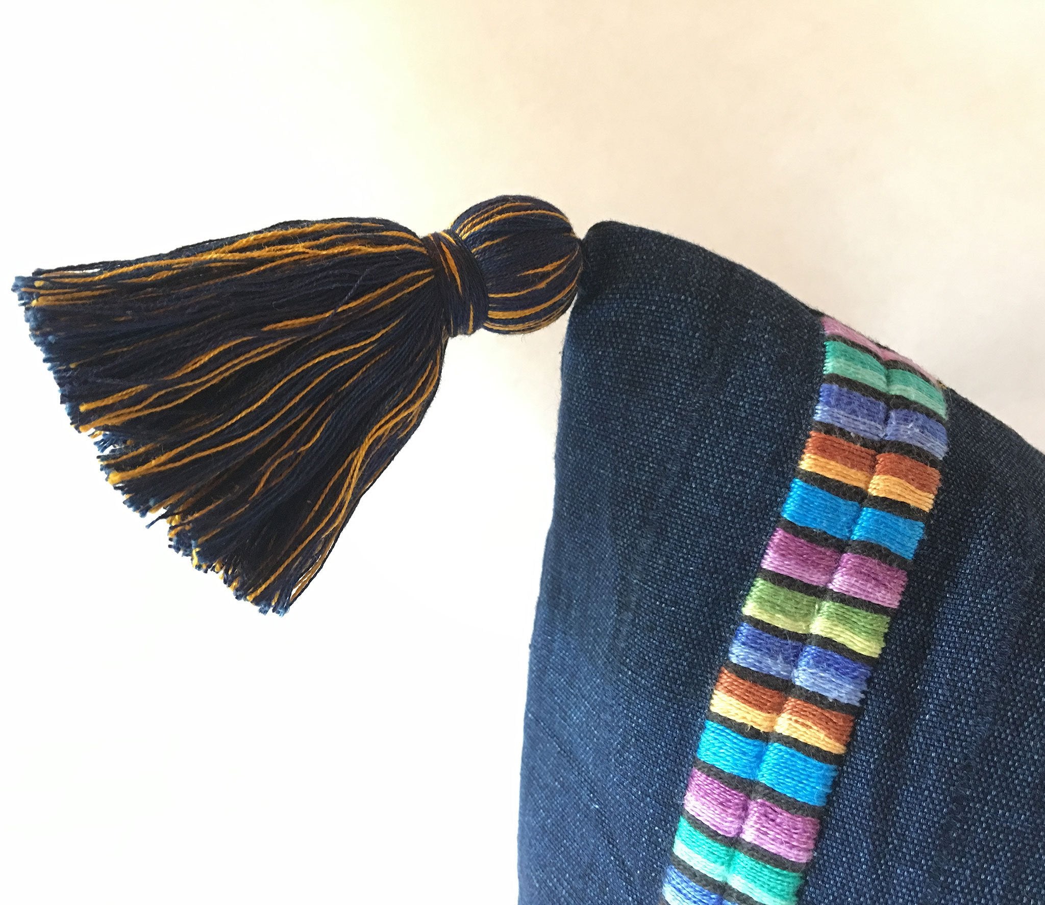 Guatemalan Textile Pillow, vintage, hand woven navy blue and gold striped lumbar cushion with tassels