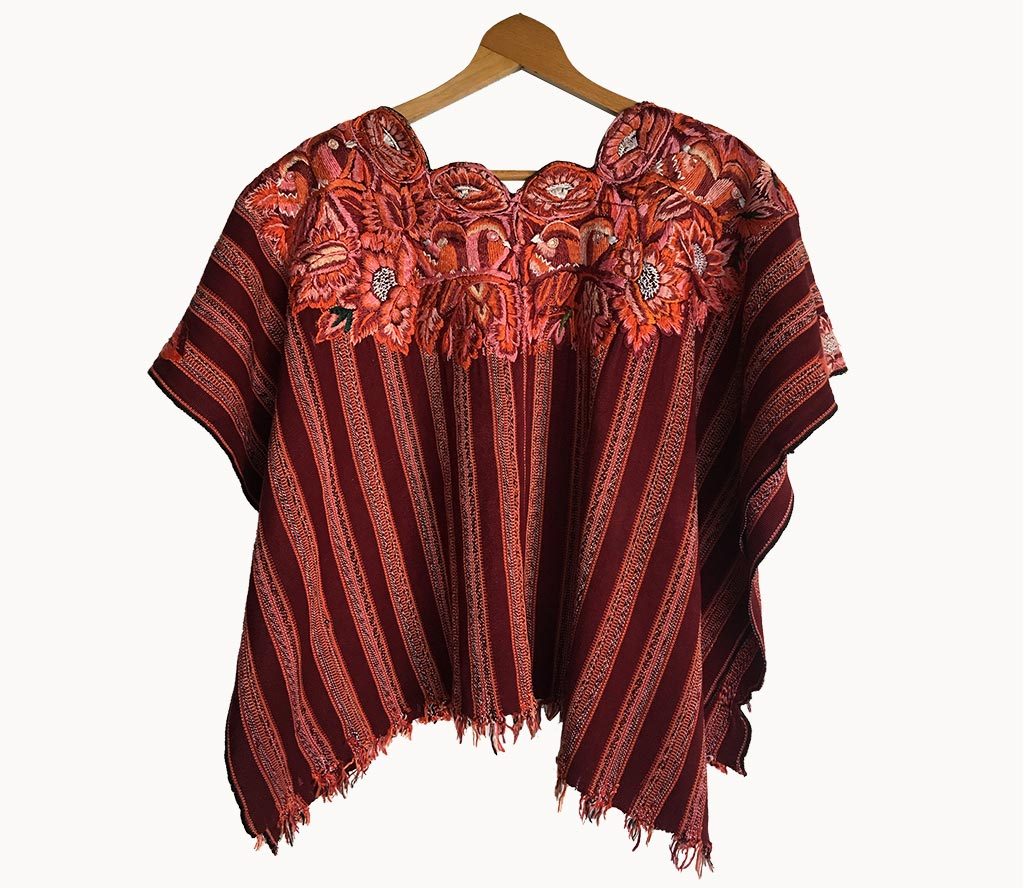 Guatemalan Huipil - Coral striped with floral neckline Patzun huipil
