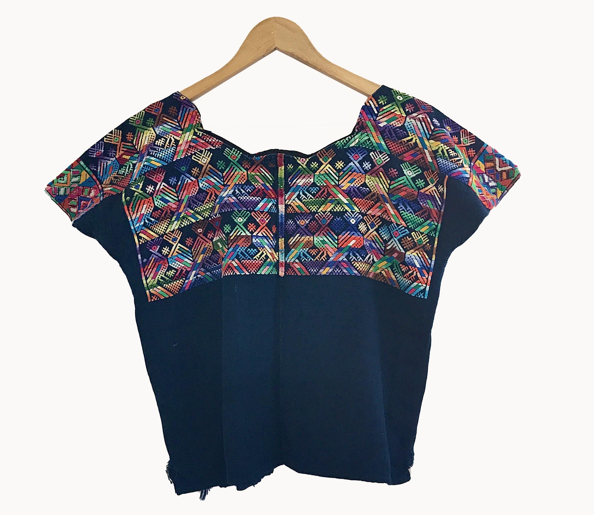 Guatemalan Huipil, navy blue Nahuala huipil with colourful embroidery