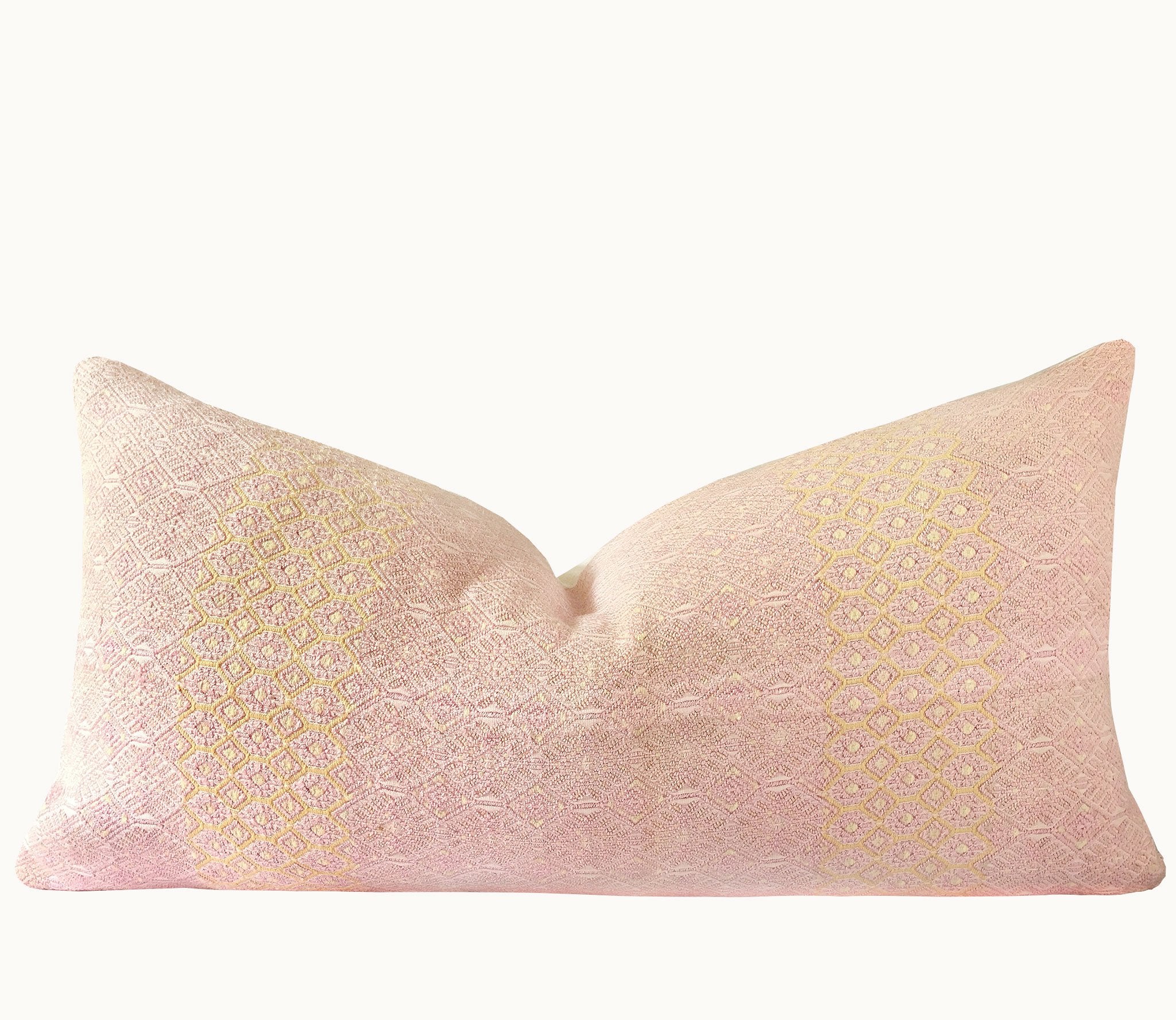 Guatemalan Huipil Pillow, vintage, hand woven blush pink lumbar cushion from Nahuala