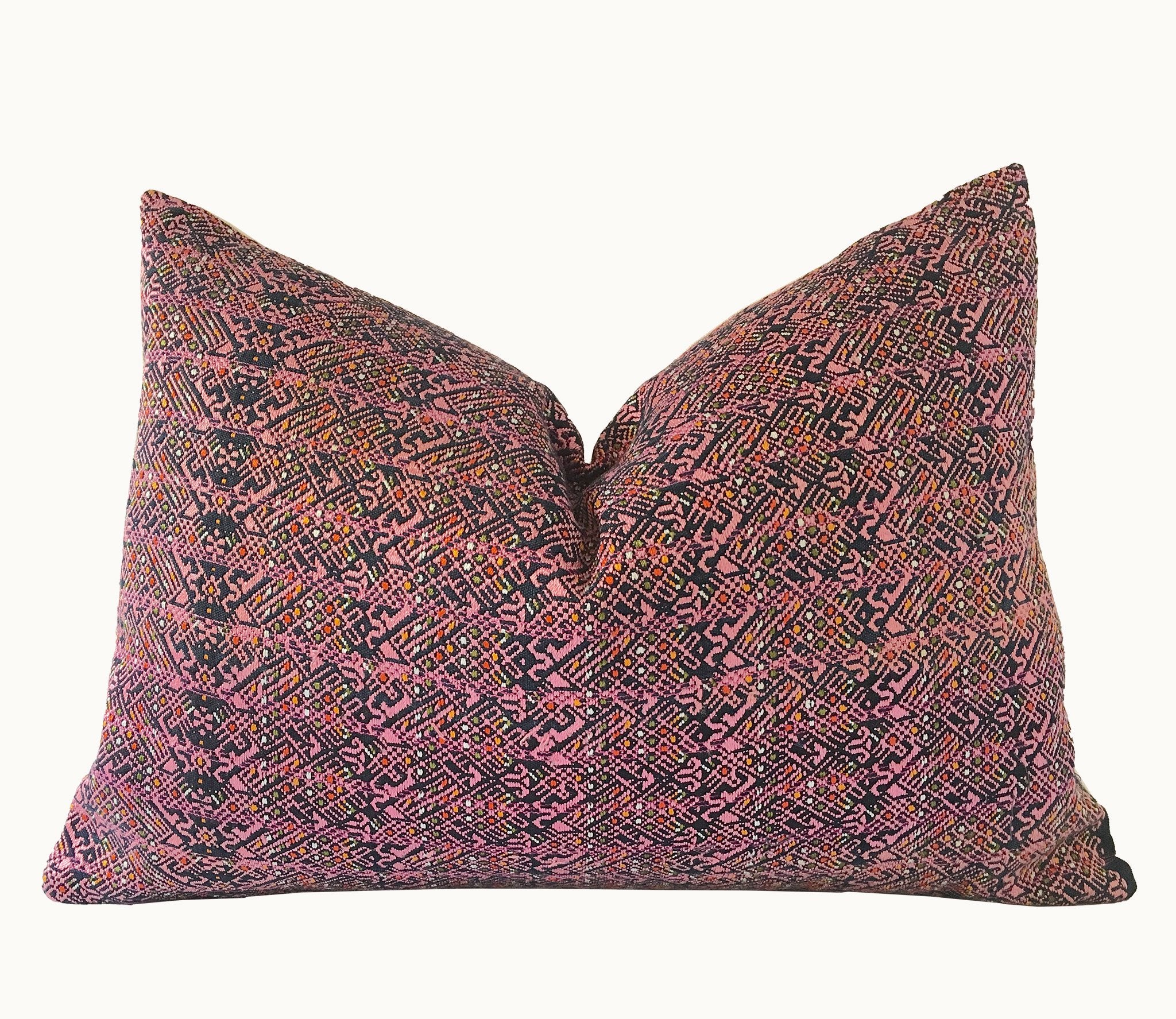 Guatemalan Huipil Pillow, vintage, hand woven fuchsia lumbar cushion from Nahuala