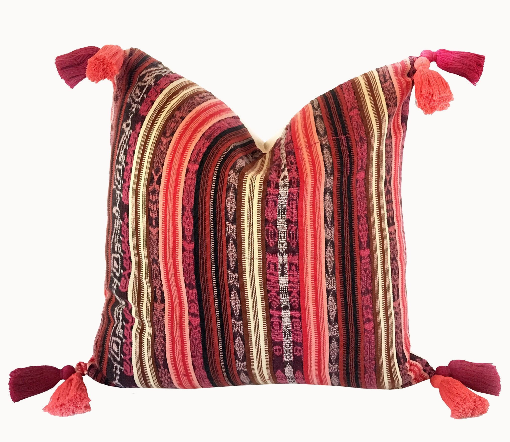 Guatemalan Textile Pillow, vintage, hand woven pink striped ikat throw cushion with tassels