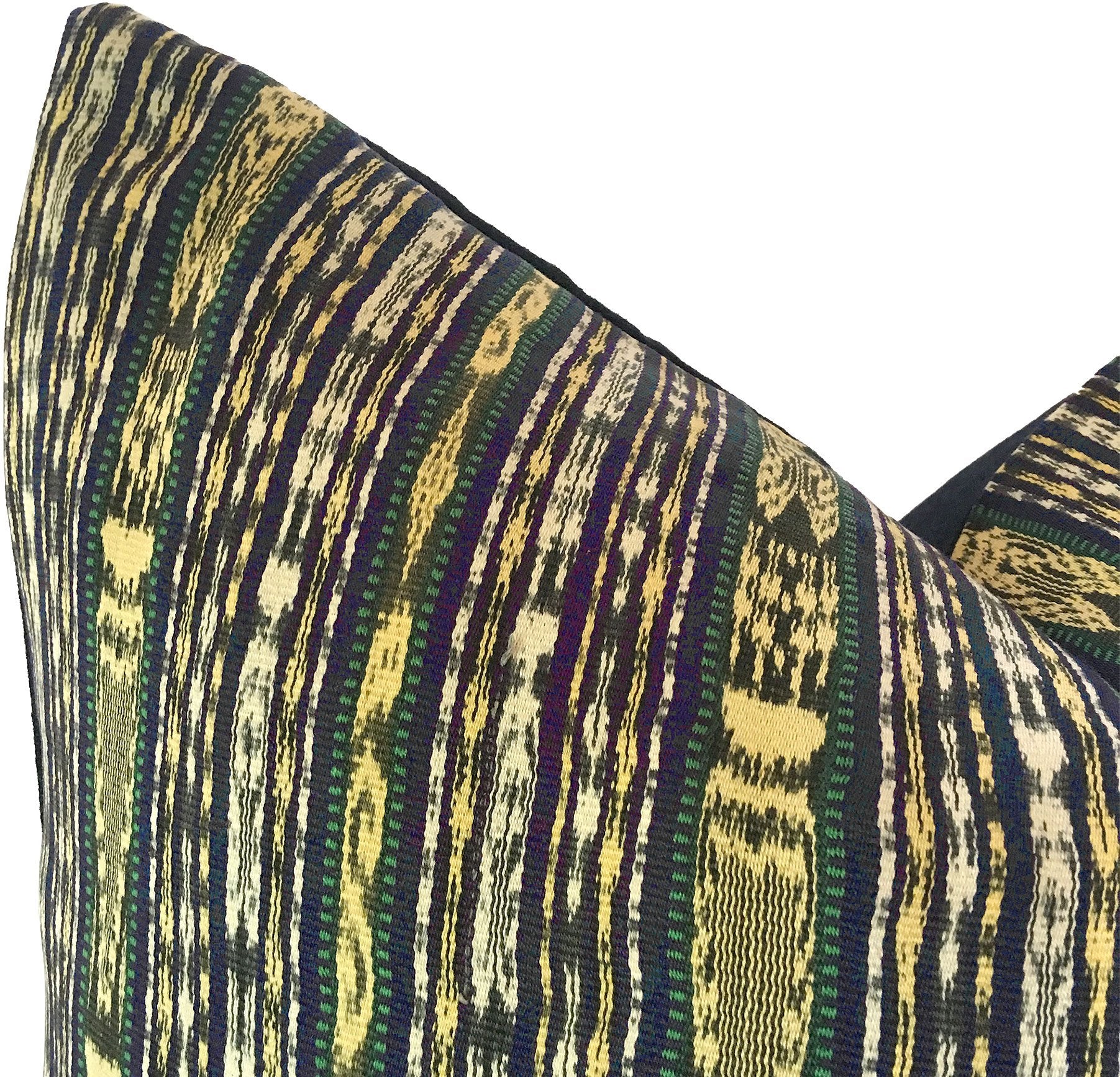 Guatemalan Textile Pillow, vintage, hand woven blue and yellow striped ikat throw cushion