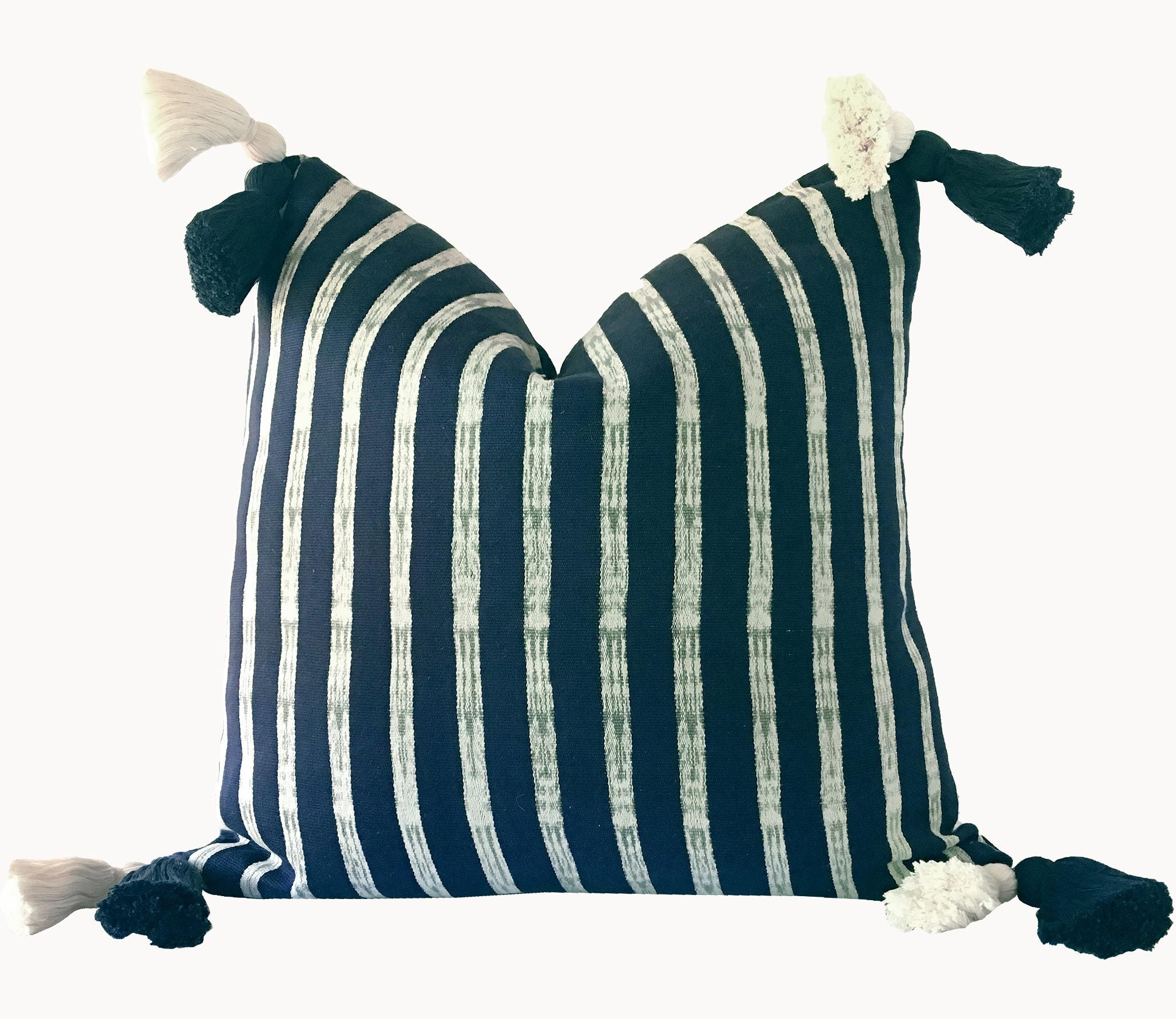 Guatemalan Corte Pillow, vintage, hand woven navy blue and white striped ikat throw cushion with tassels