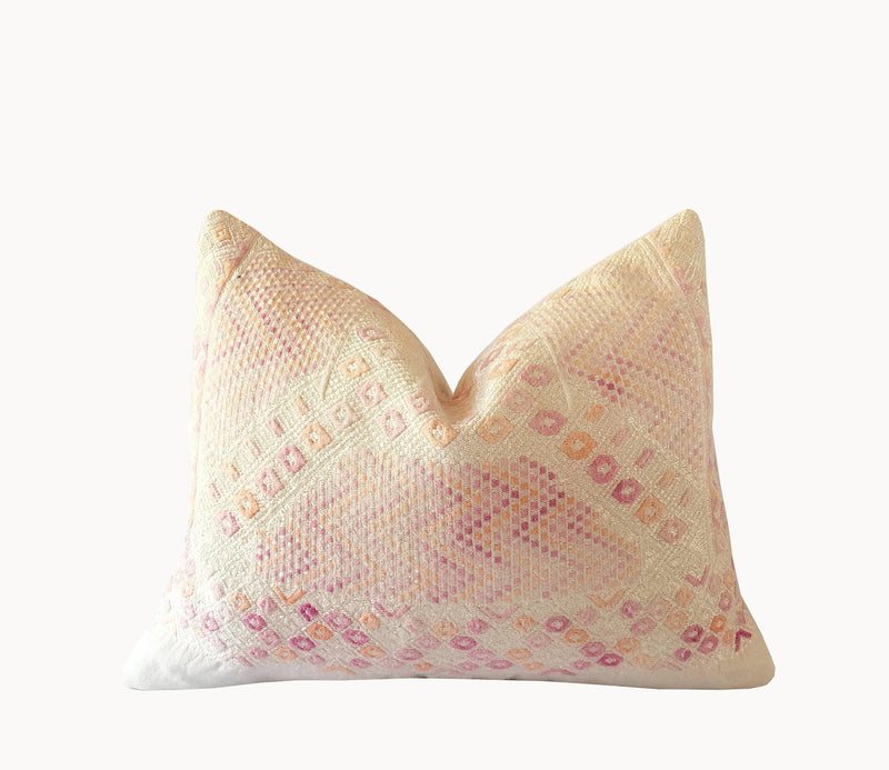 Guatemalan Huipil Pillow, vintage, hand woven pastel pink lumbar cushion fromthrowNahuala