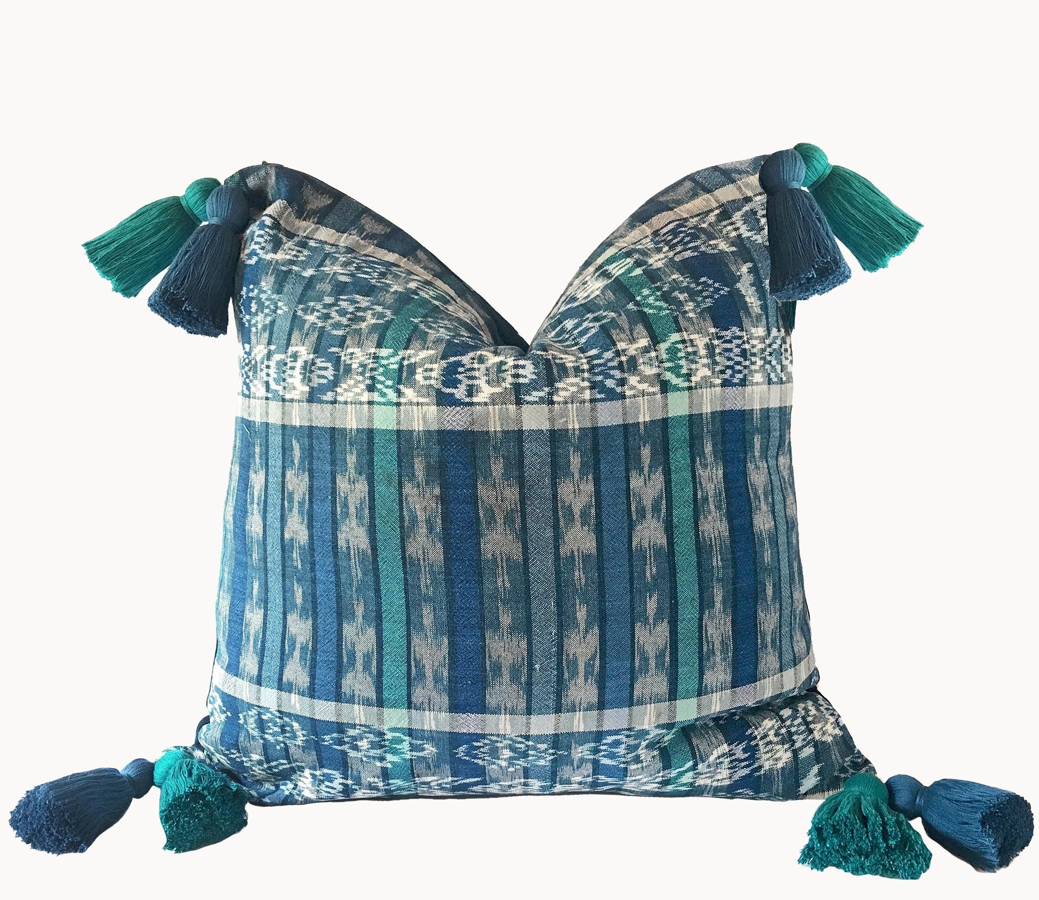 Guatemalan Textile Pillow, vintage, hand woven blue and white ikat throw cushion with tassels