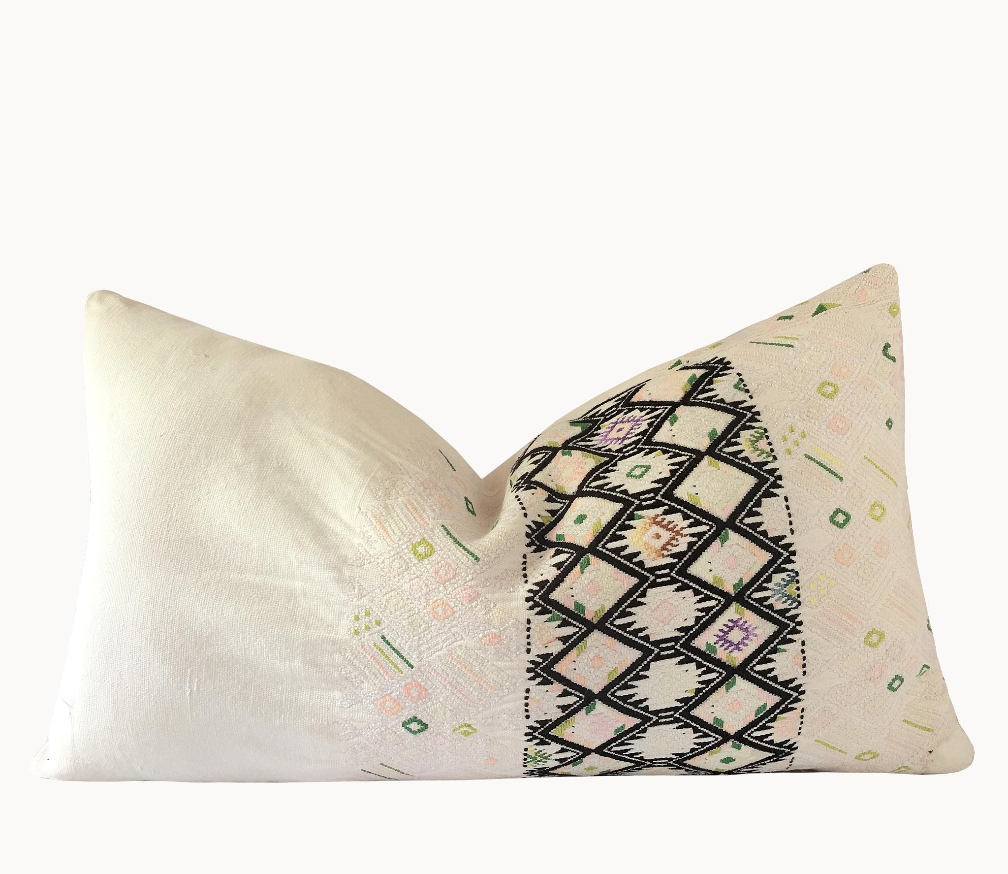 Guatemalan Huipil Pillow, vintage, hand woven pastel pink lumbar cushion from Nahuala