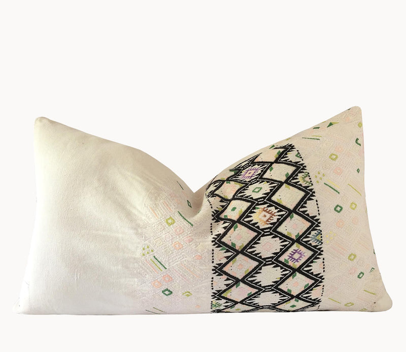 Guatemalan Huipil Pillow, vintage, hand woven pastel pink lumbar cushion from Nahuala
