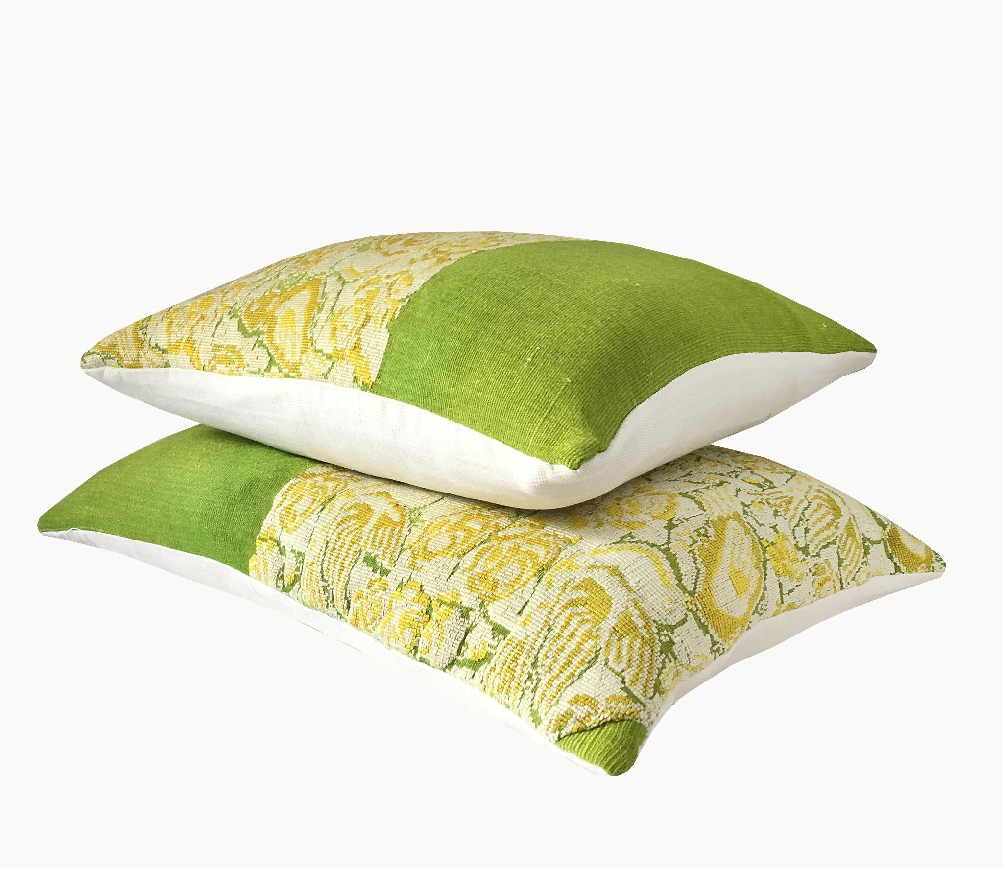 Guatemalan Huipil Pillow, vintage, hand woven green and yellow floral lumbar cushion from Chichicastenango