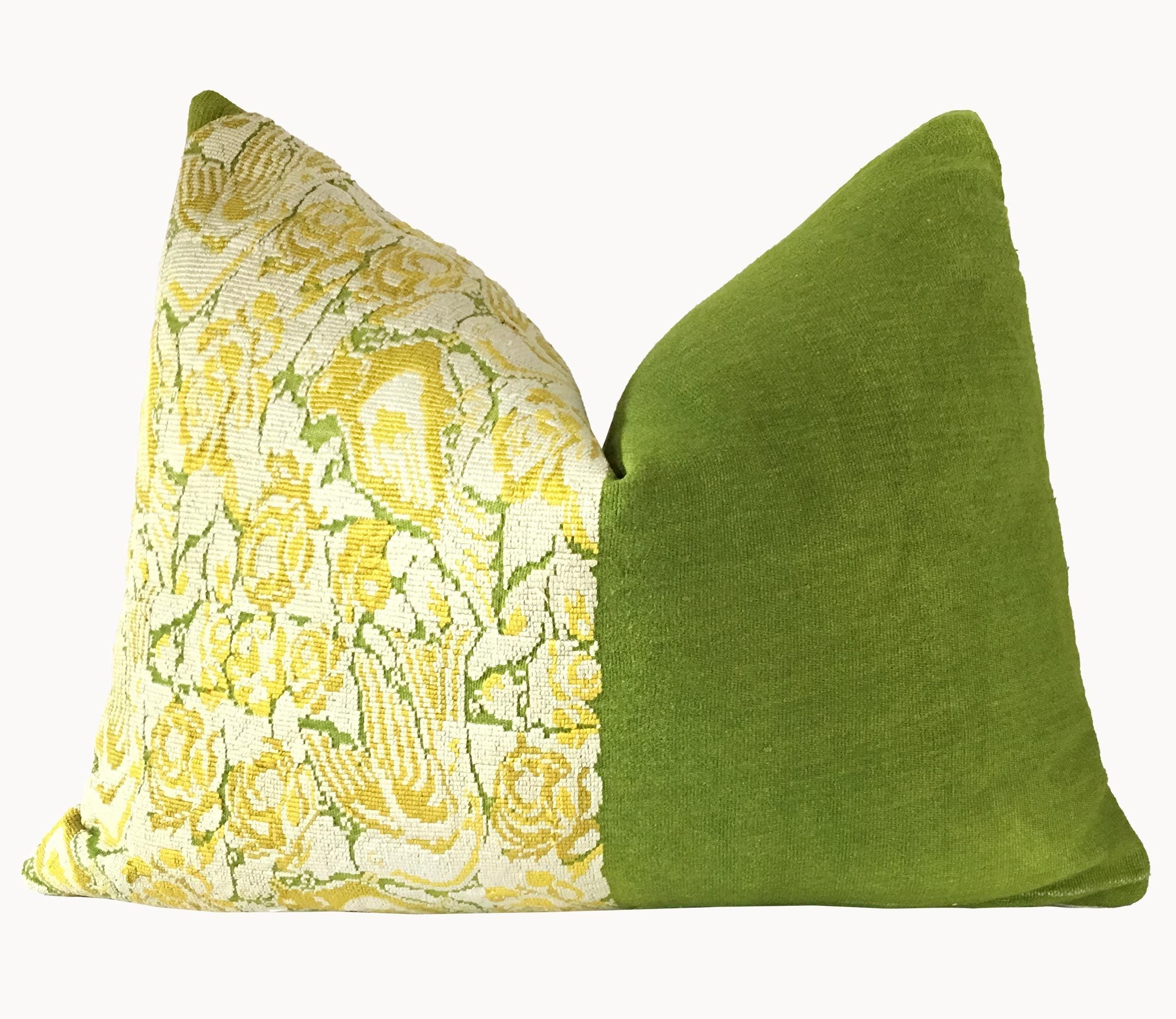 Guatemalan Huipil Pillow, vintage, hand woven green and yellow floral lumbar cushion from Chichicastenango