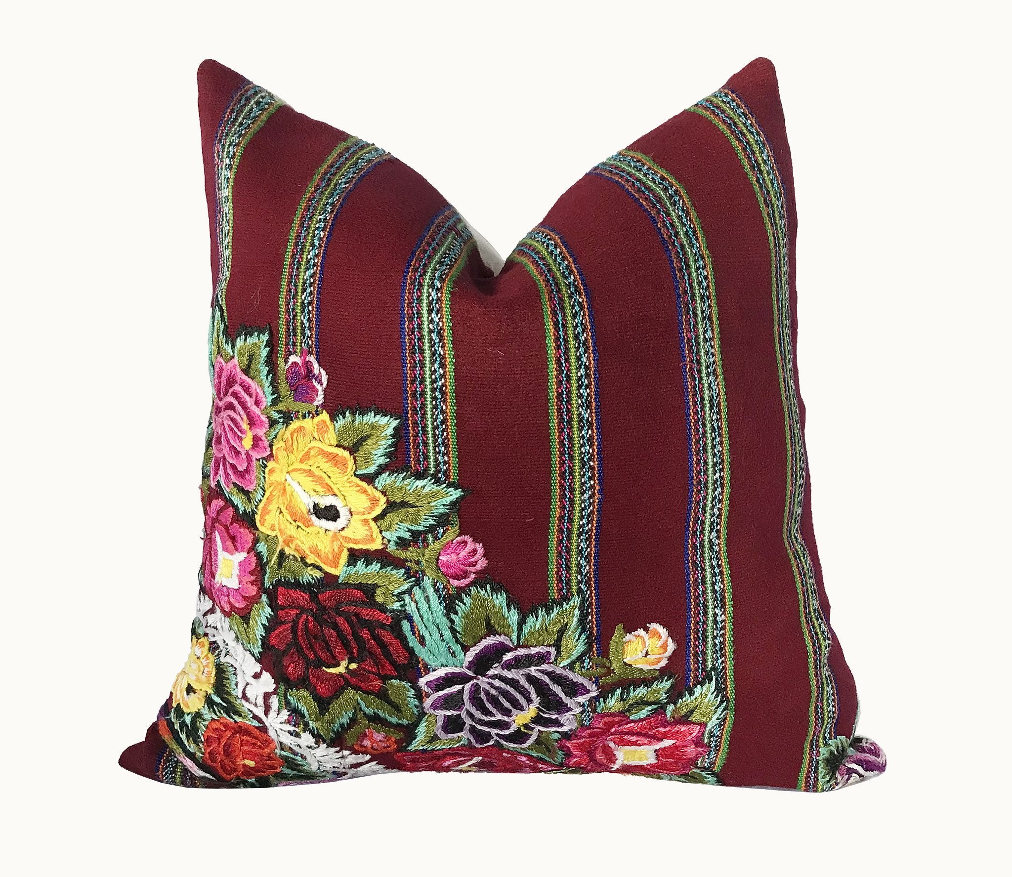 Guatemalan Huipil Pillow, vintage, hand woven burgundy floral and striped throw cushion from Patzun