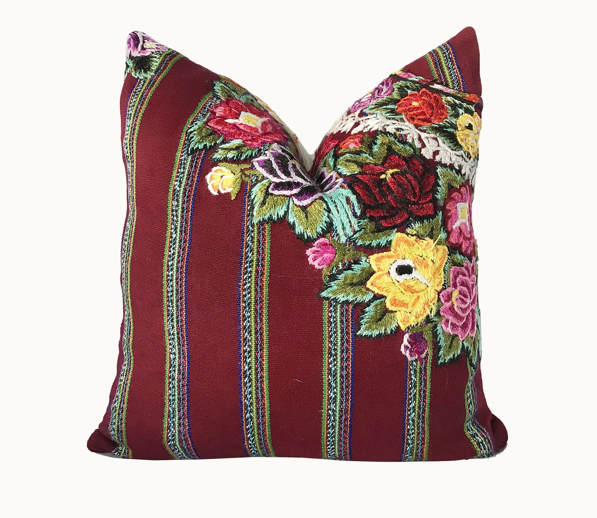 Guatemalan Huipil Pillow, vintage, hand woven burgundy floral and striped throw cushion from Patzun
