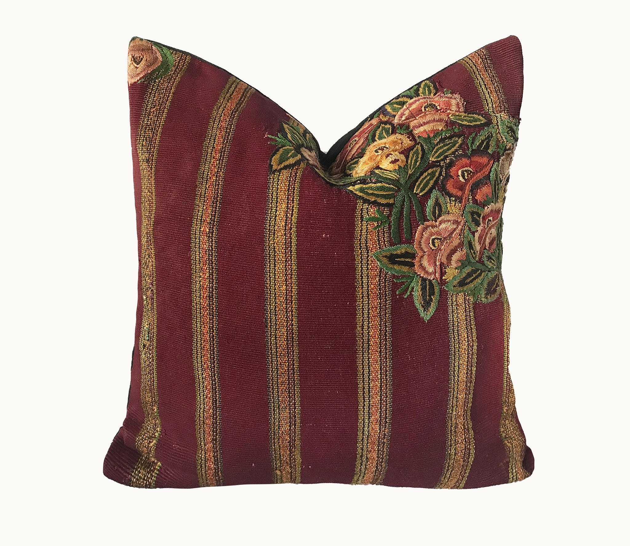 Guatemalan Huipil Pillow, vintage, hand woven burgundy floral and striped throw cushion from Patzun