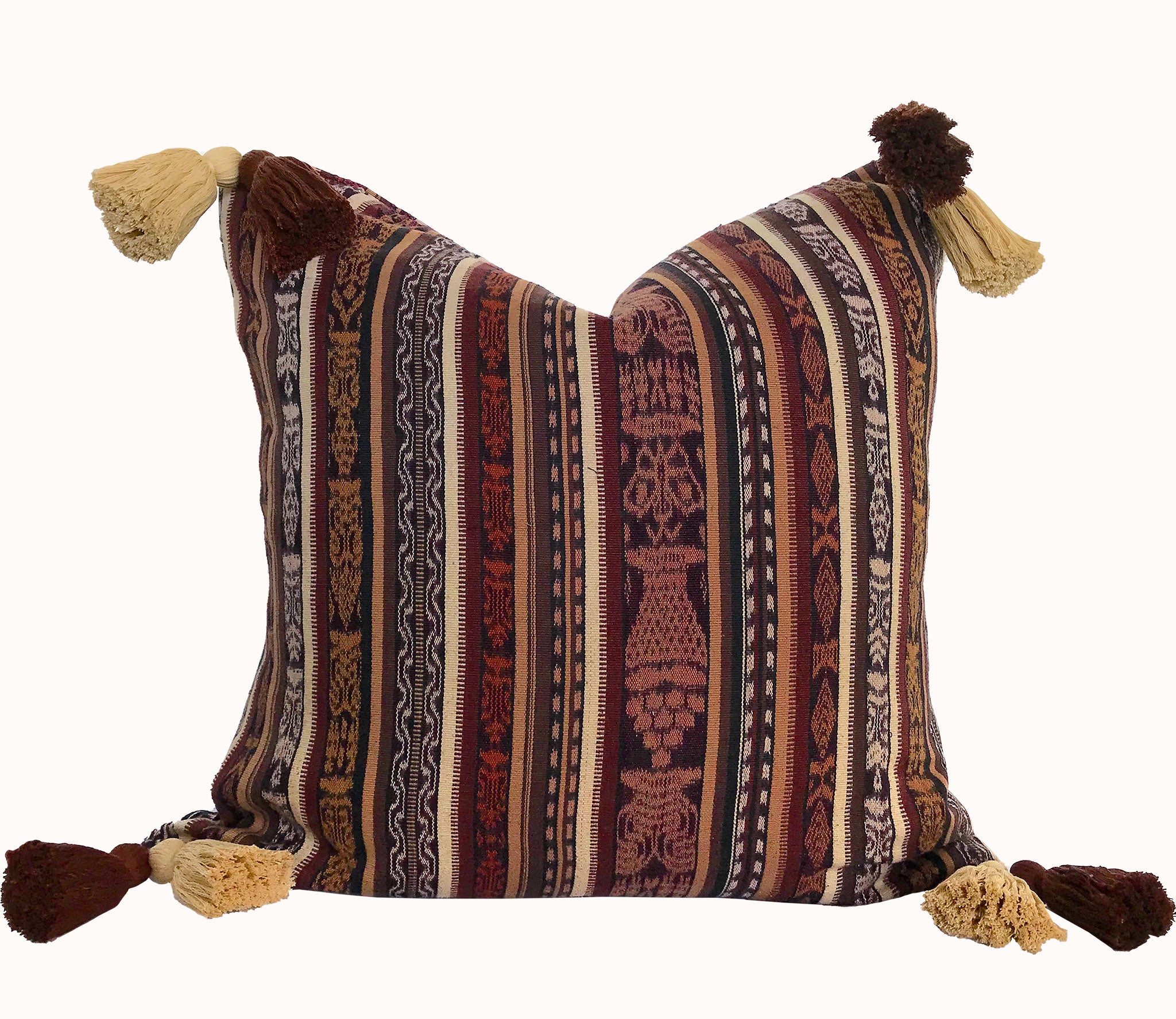 Guatemalan Textile Pillow, vintage, hand woven brown striped ikat throw cushion with tassels