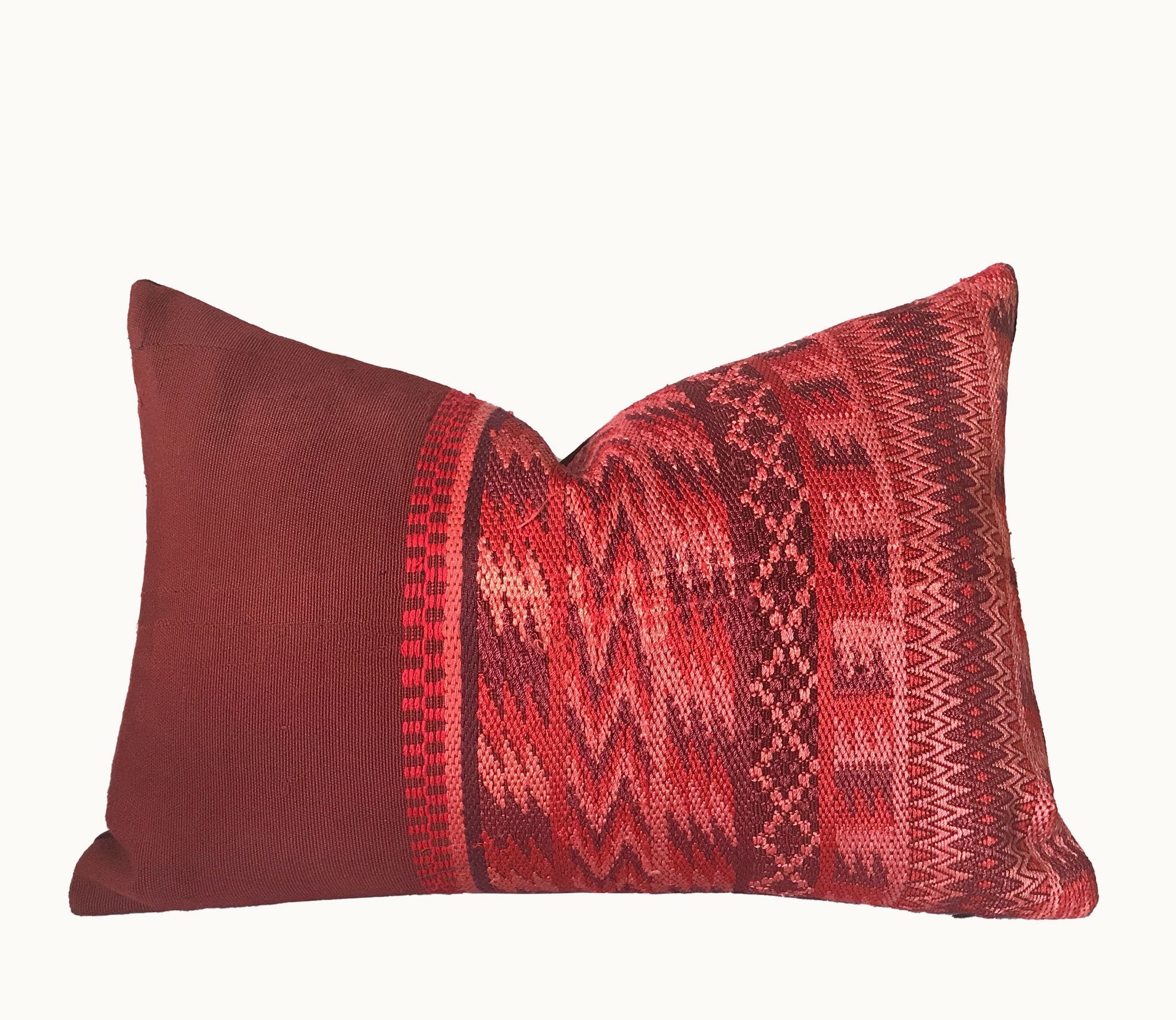 Guatemalan Huipil Pillow, vintage, hand woven red lumbar cushion from Santa Maria de Jesus