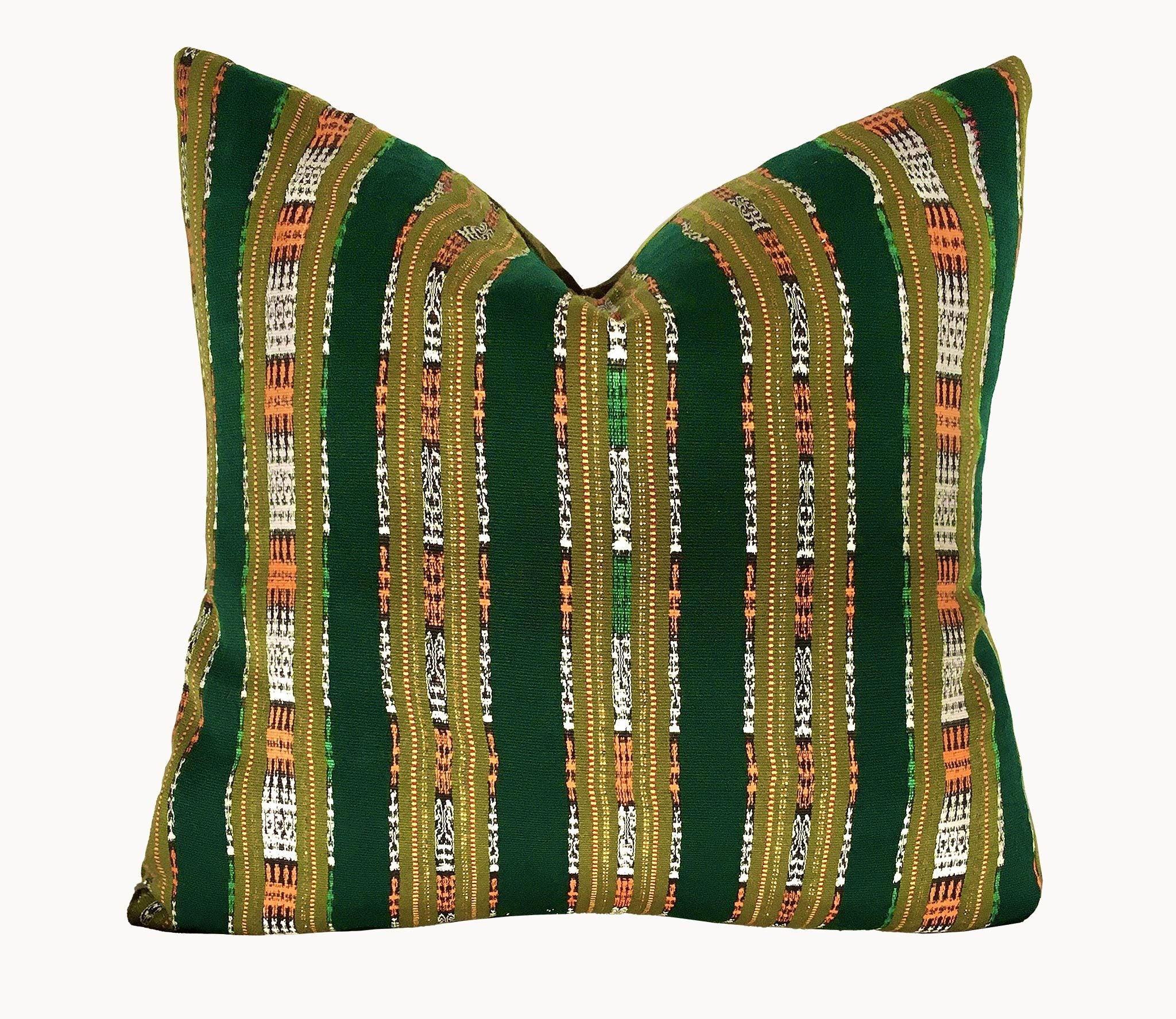 Guatemalan Textile Pillow, vintage, hand woven green and olive striped ikat throw cushion