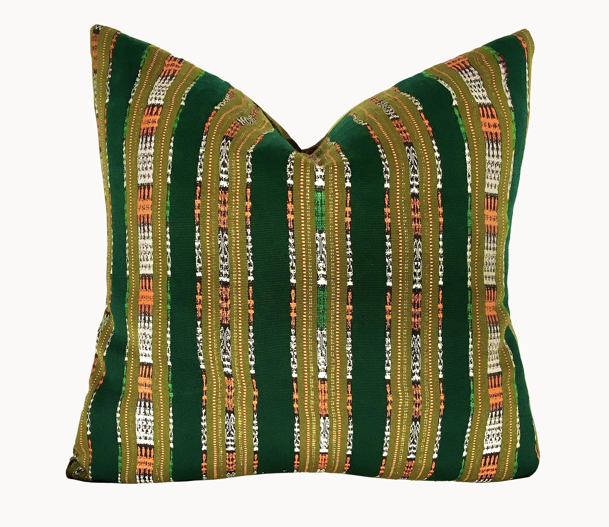 Guatemalan Textile Pillow, vintage, hand woven green and olive striped ikat throw cushion 