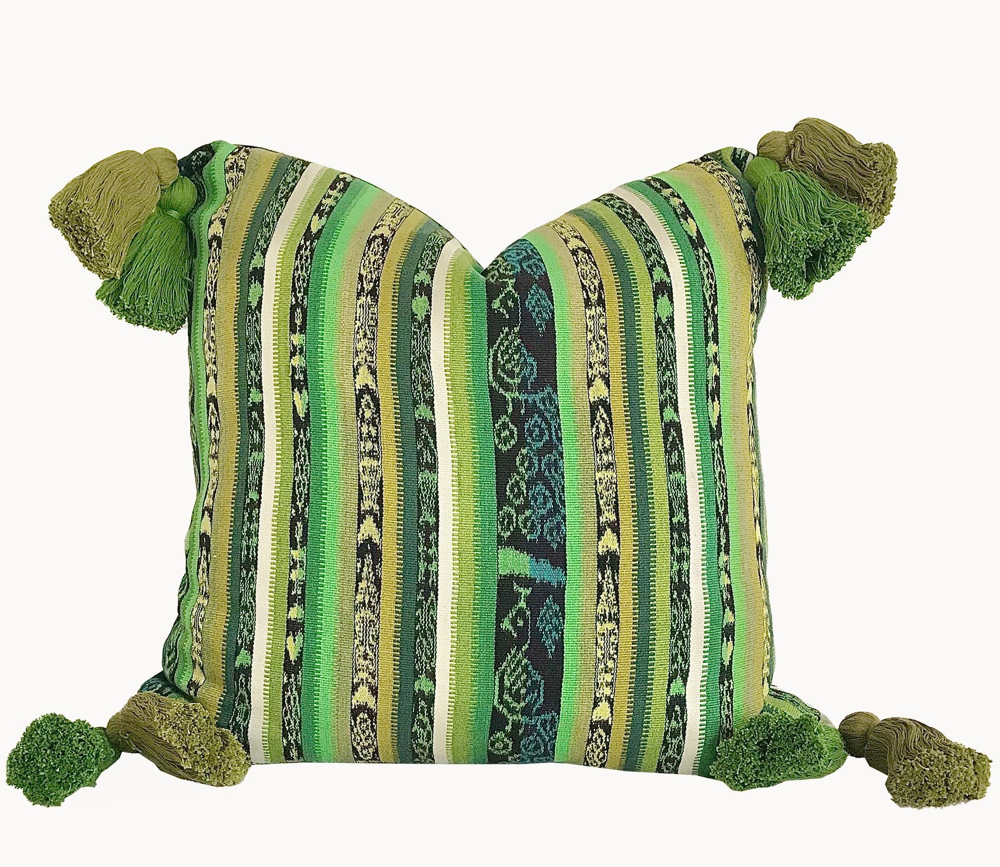 Guatemalan Textile Pillow, vintage, hand woven green striped ikat throw cushion with tassels