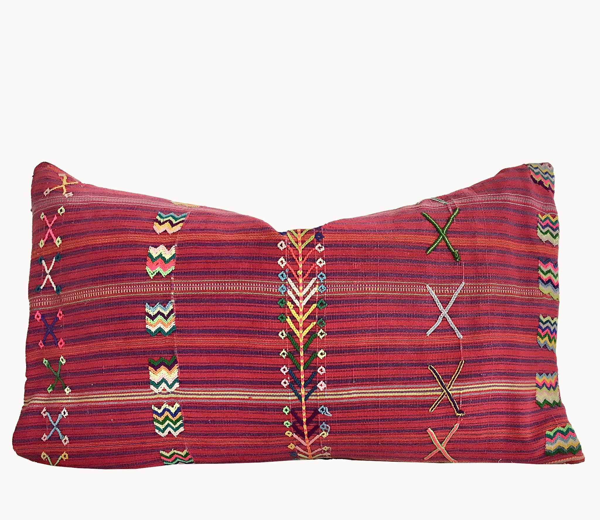 Guatemalan Textile Pillow, vintage, hand woven pink and purple embroidered striped cushion from Colotenango