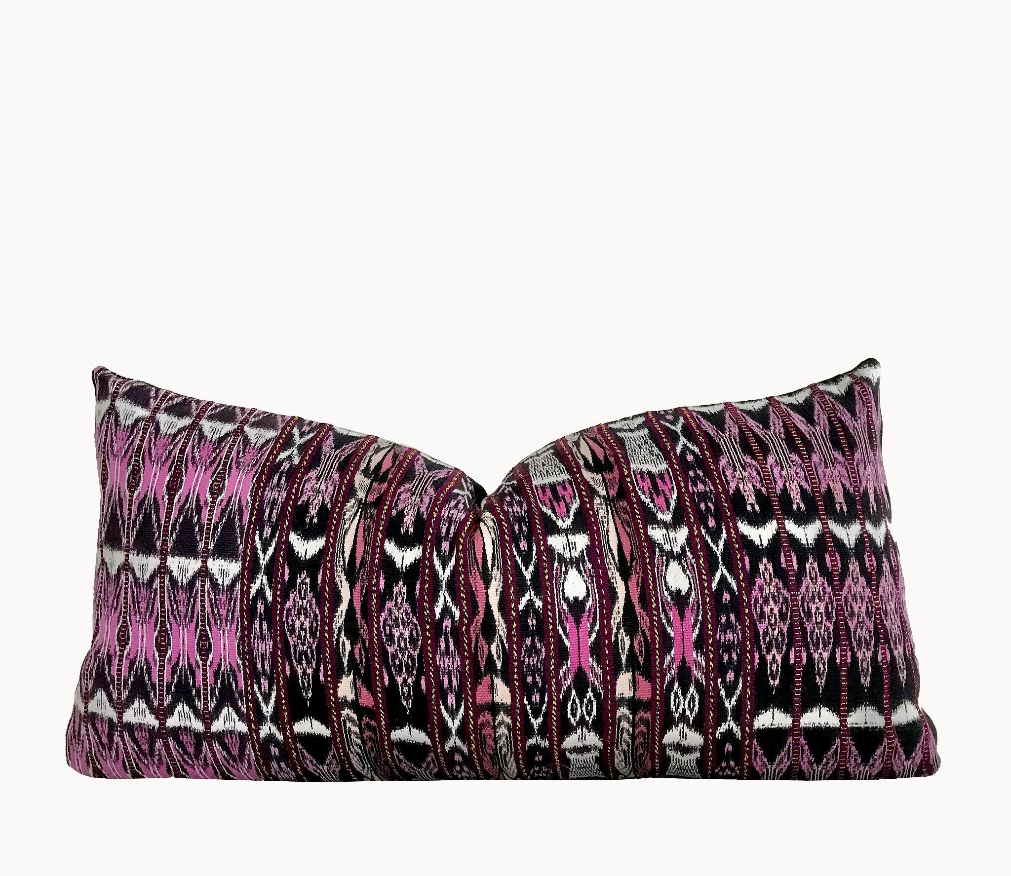 Guatemalan Textile Pillow, vintage hand woven purple striped ikat lumbar cushion