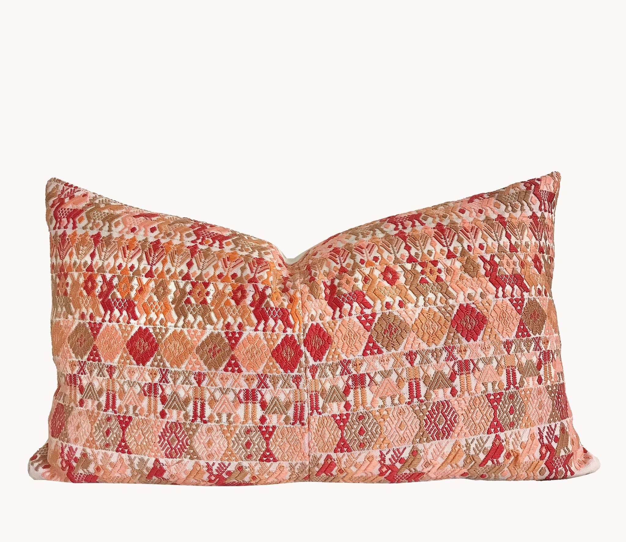 Guatemalan Huipil Pillow, vintage, hand woven coral lumbar cushion from Coban