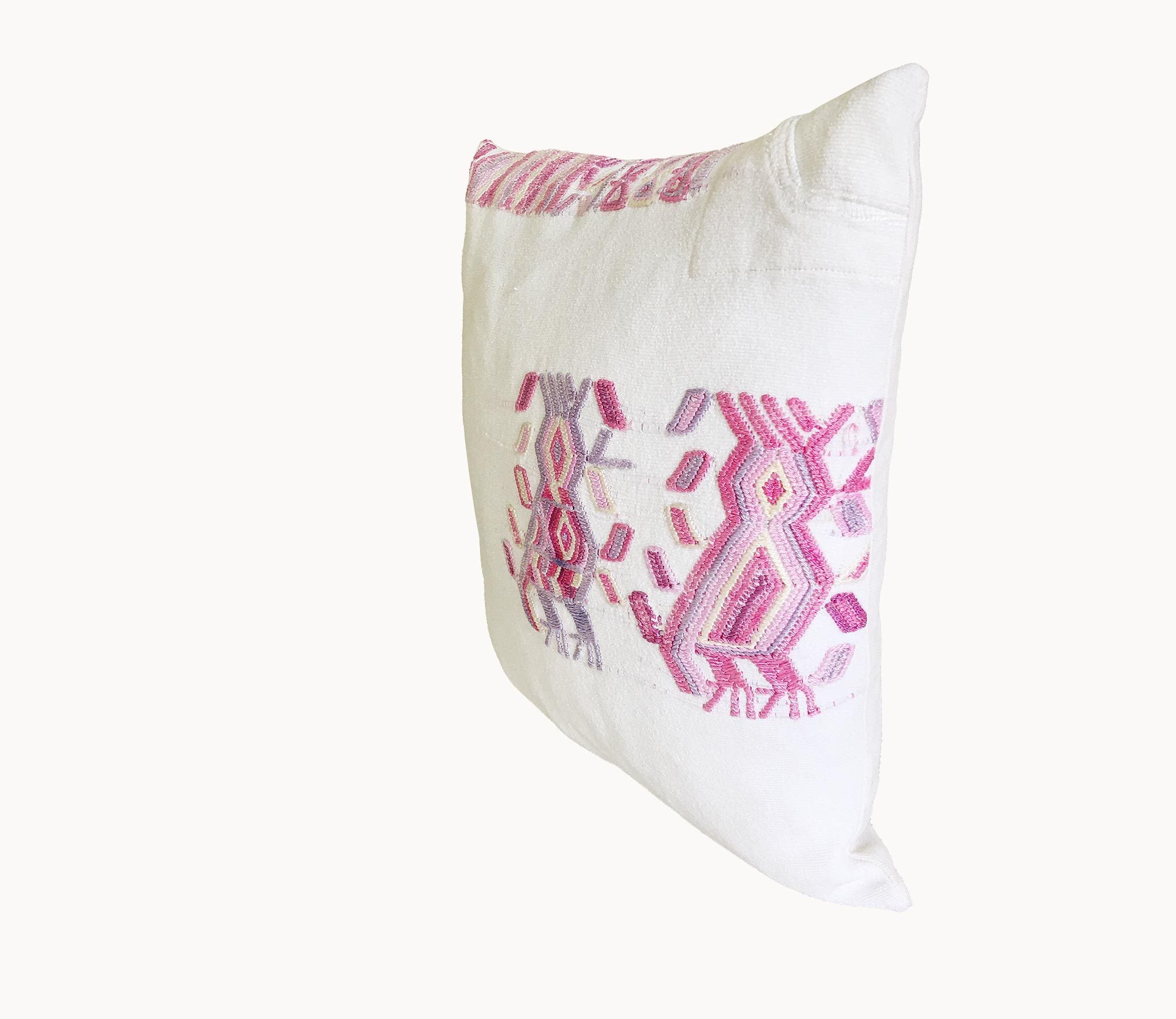 Guatemalan Huipil Pillow, vintage, hand woven pink, purple and white throw cushion from Chajul