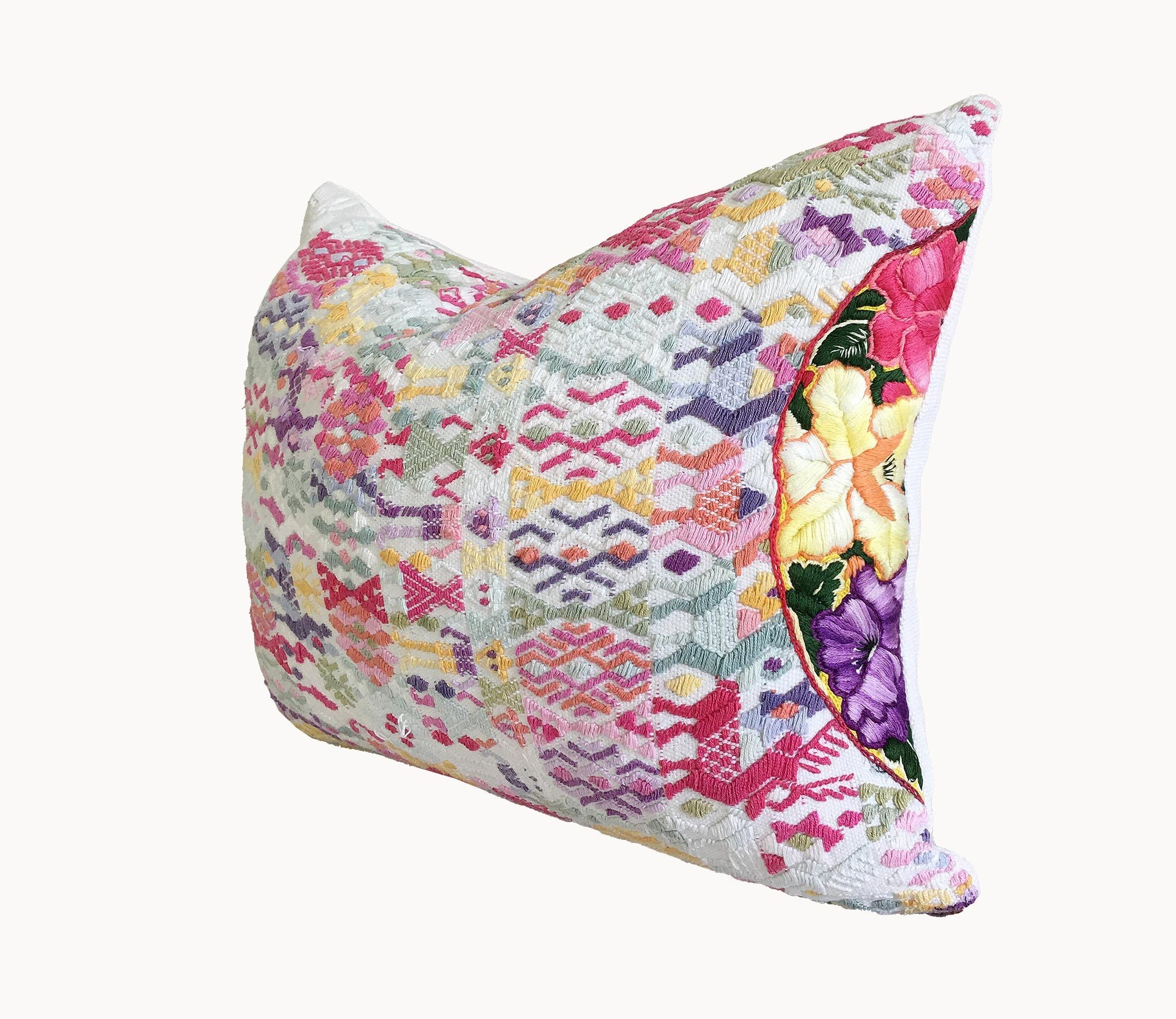 Guatemalan Huipil Pillow, vintage, hand woven colourful pastel lumbar cushion from Coban