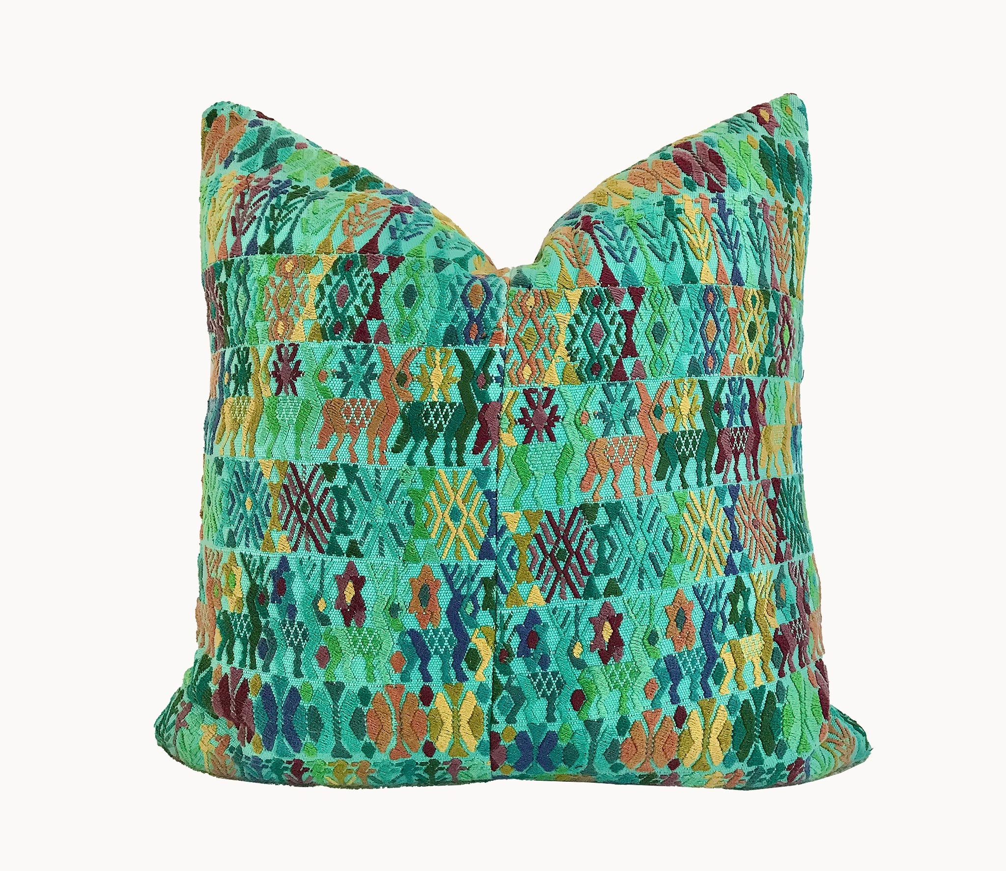 Guatemalan Huipil Pillow, vintage, hand woven colourful turquoise embroidered lumbar cushion from Coban
