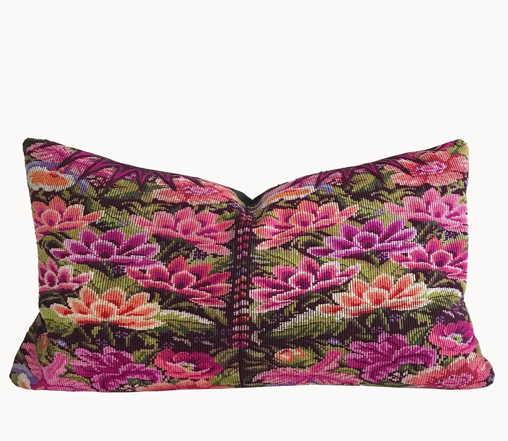 Guatemalan Huipil Pillow, Vintage, hand woven coral and fuchsia floral lumbar cushion from Chichicastenango