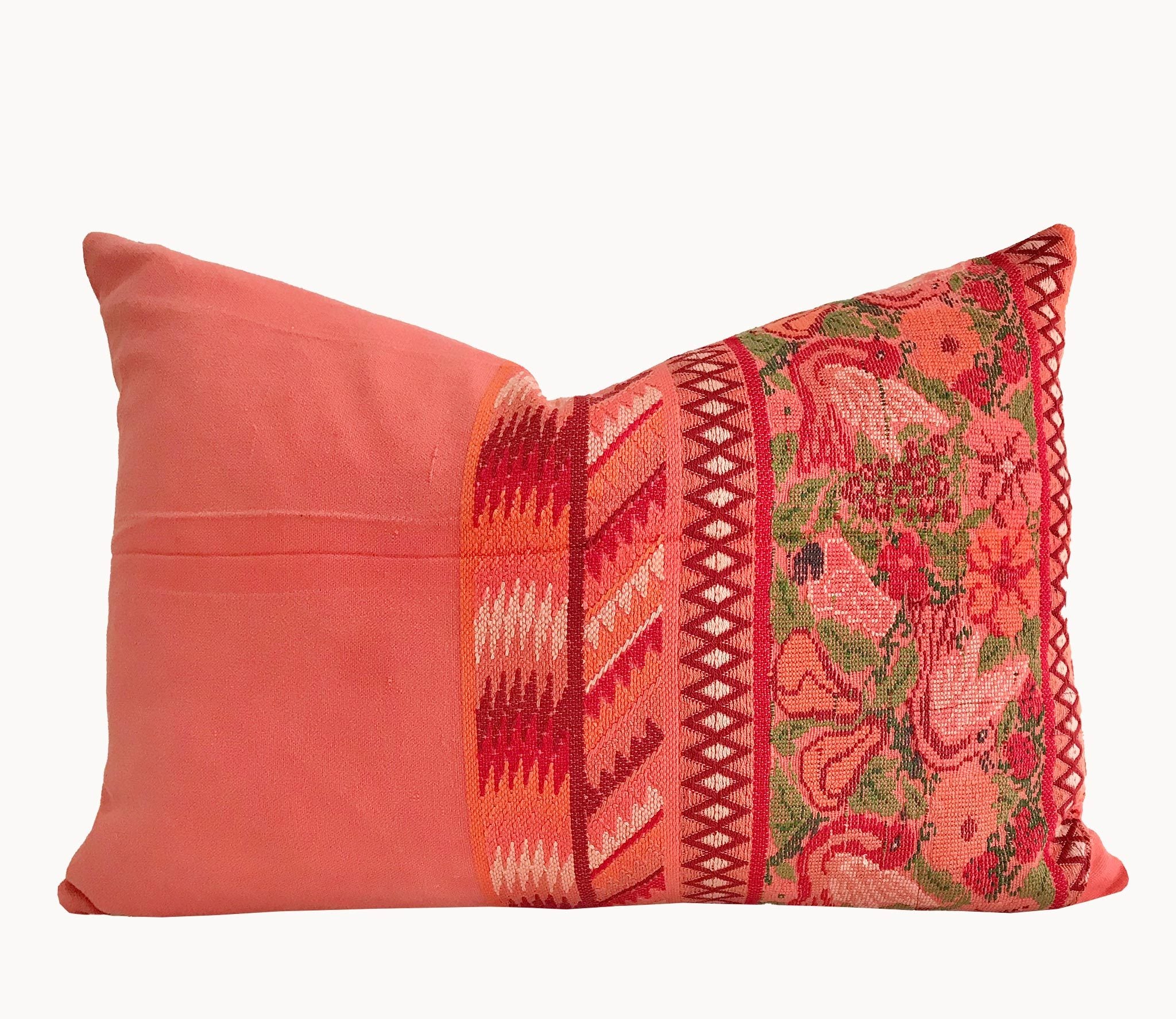Guatemalan Huipil Pillow, Vintage, hand woven coral floral lumbar cushion from Aguas Calientas