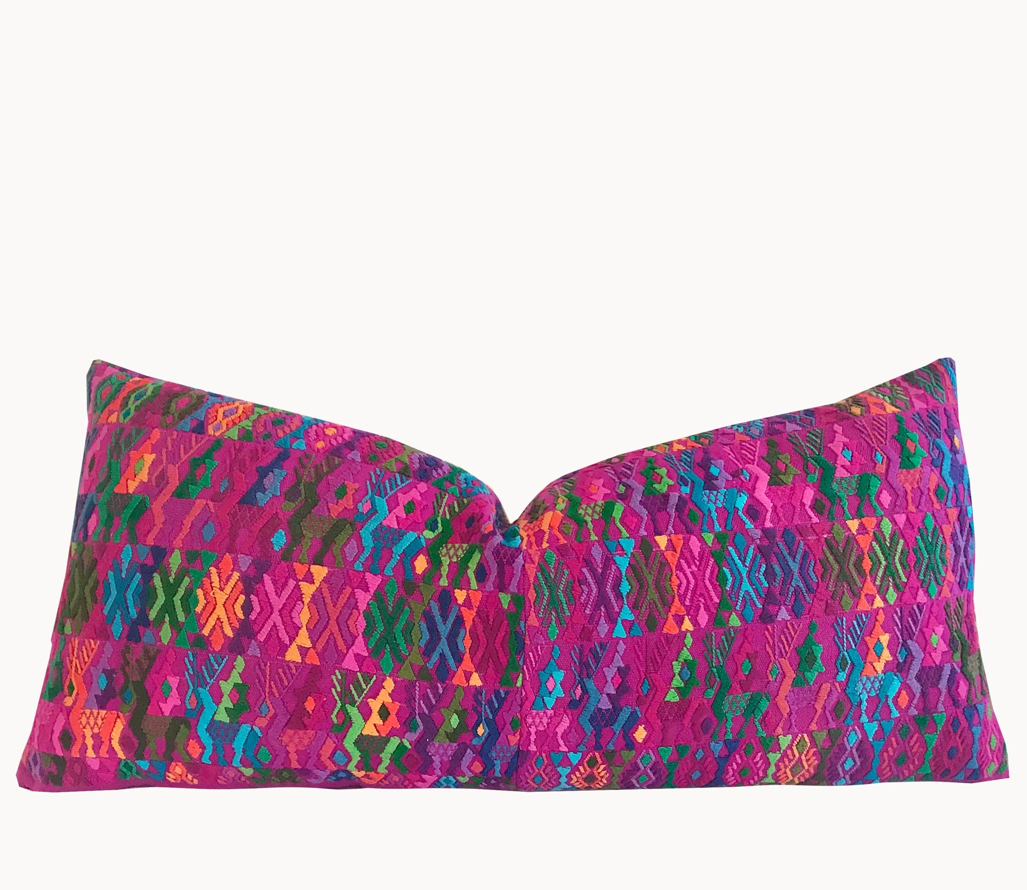 Guatemalan Huipil Pillow, vintage, hand woven colourful pink lumbar cushion from Coban