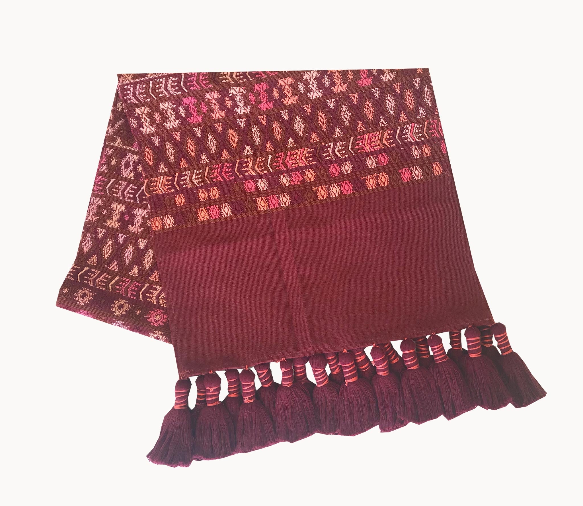 Guatemalan Textile, red table runner repurposed from a huipil from Santa Maria de Jesus