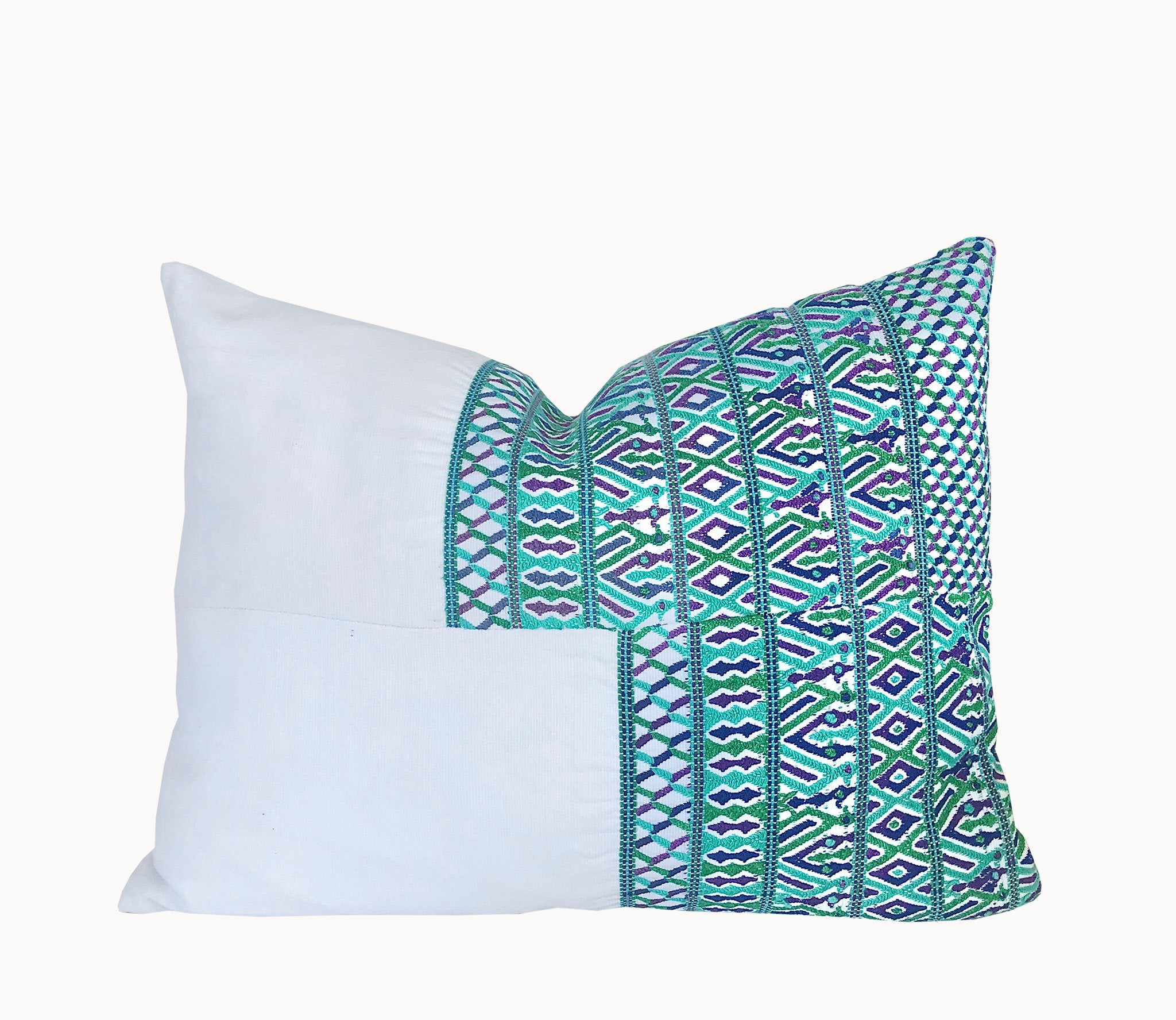 Guatemalan Huipil Pillow, vintage, hand woven blue and white lumbar cushion from San Juan Cotzal