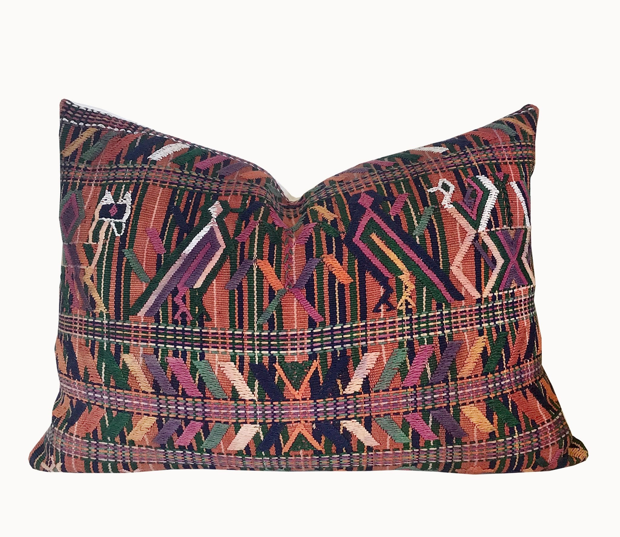 Guatemalan Textile Pillow, Vintage, hand woven coral lumbar cushion from Nebaj