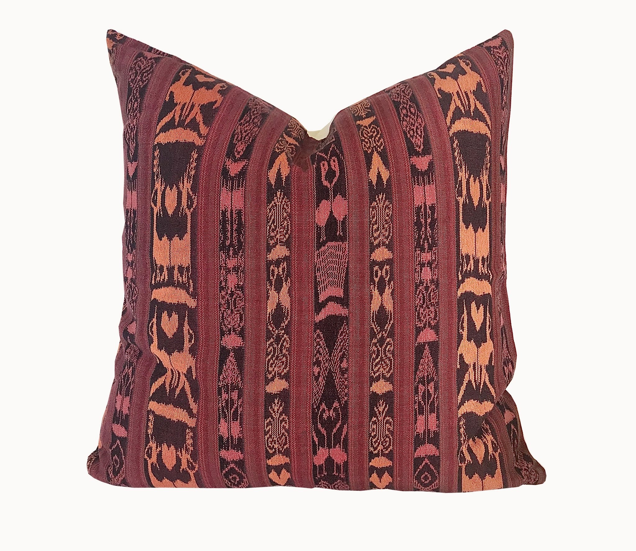 Guatemalan Corte Pillow, hand woven coral ikat throw cushion with tassels