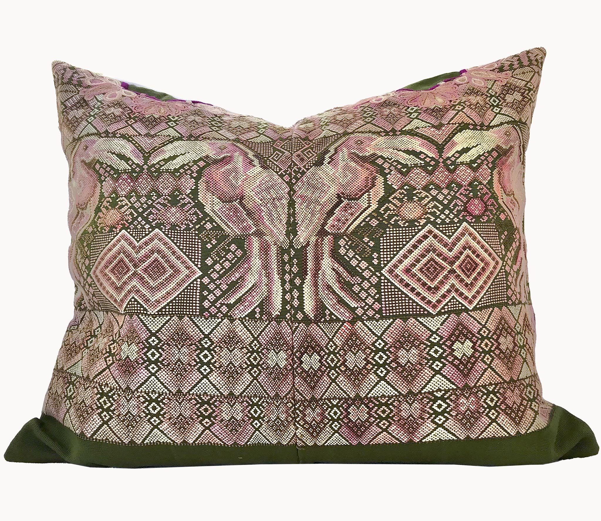 Guatemalan Huipil Textile Pillows, vintage, hand embroidered pair of toucan birds amidst geometric shapes