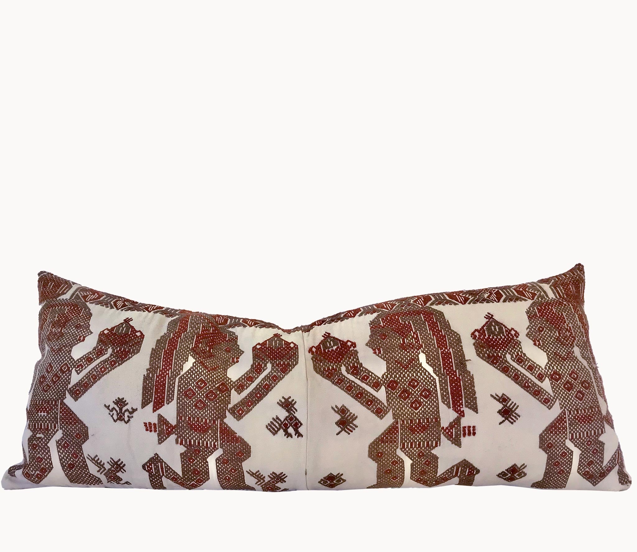 Guatemalan Huipil Textile Pillow, vintage, hand embroidered long lumbars of brown Mayan Shamans in ceremony