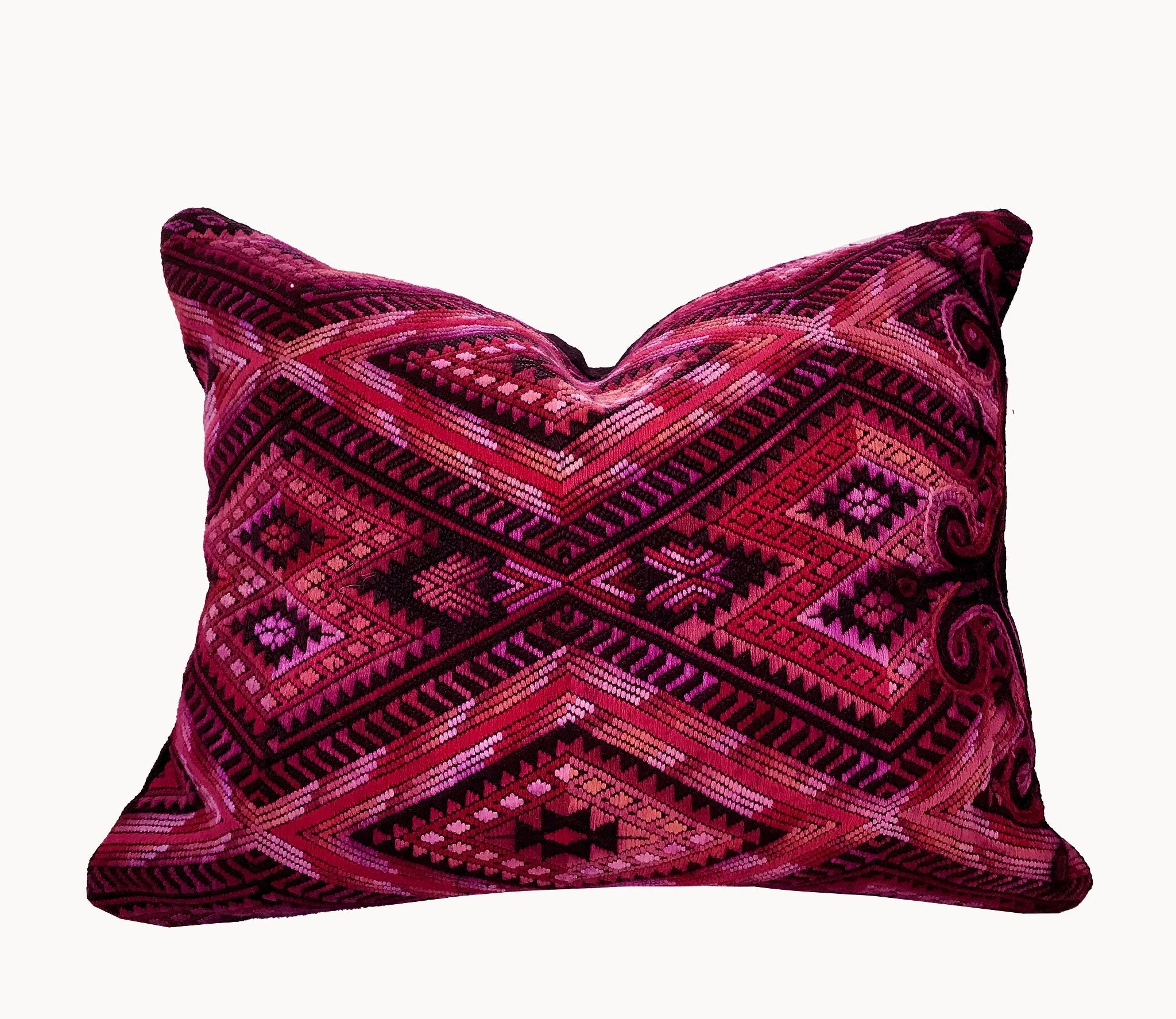 Guatemalan embroidered huipil pillow. Geometric chevron design in bold fuchsia