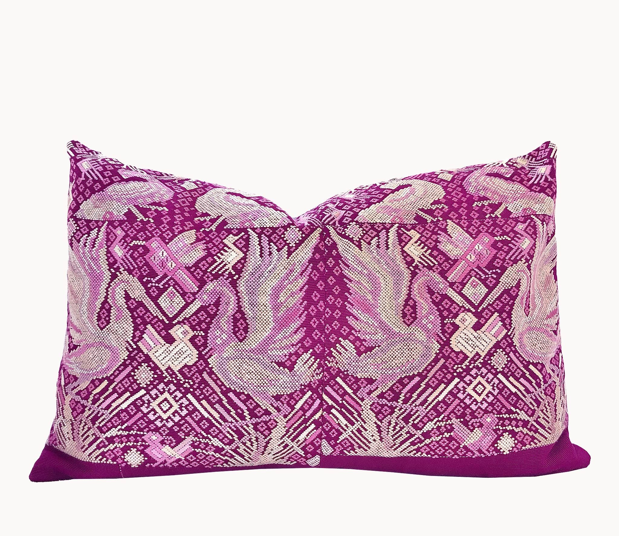 Guatemalan embroidered huipil pillow. Chinoiserie style of Ibis birds in bold fuchsia and white