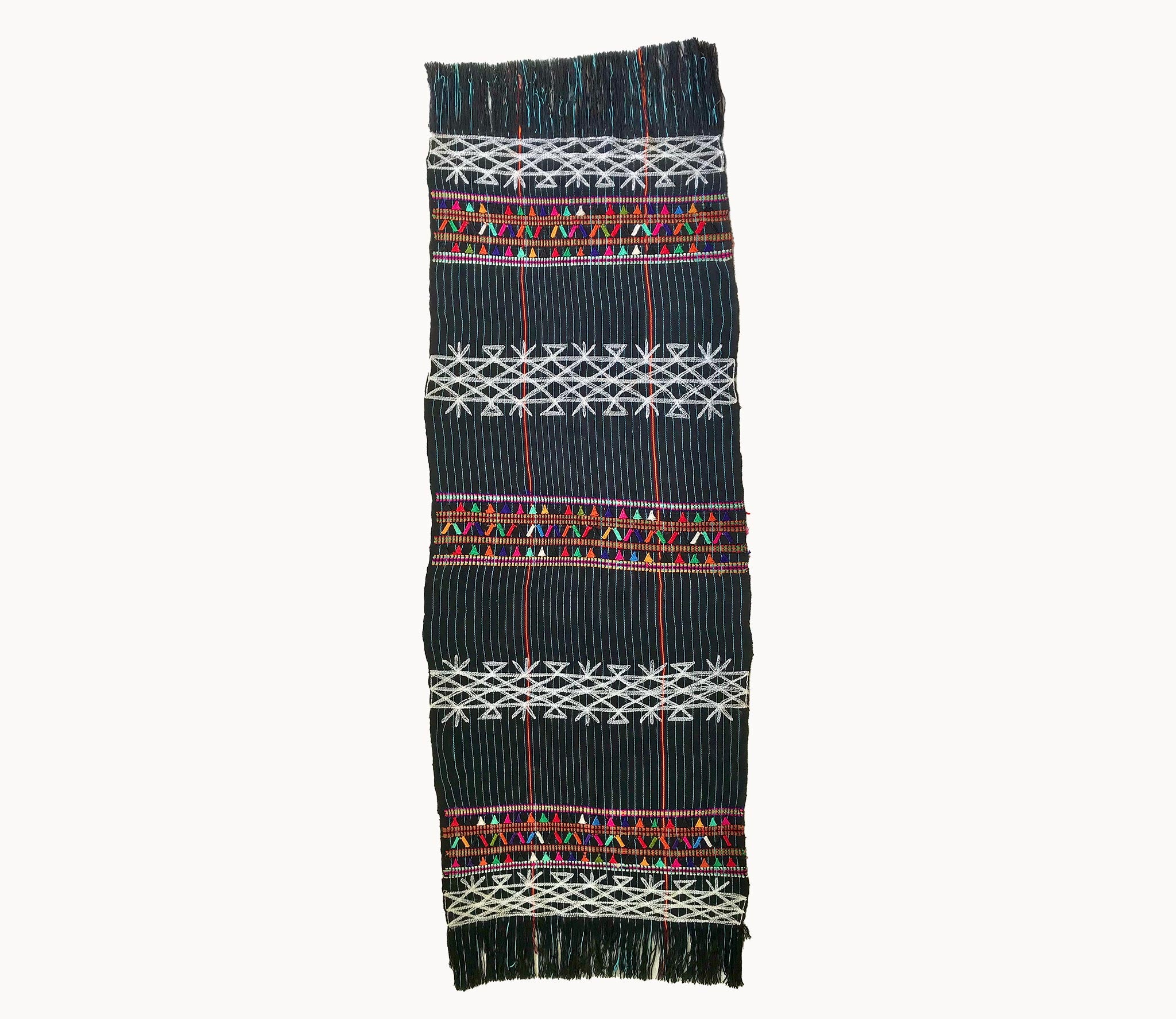 Guatemalan Textile, black with white pinstripe table runner with colourful embroidery and fringe. Originally a San Juan Cotzal tzute