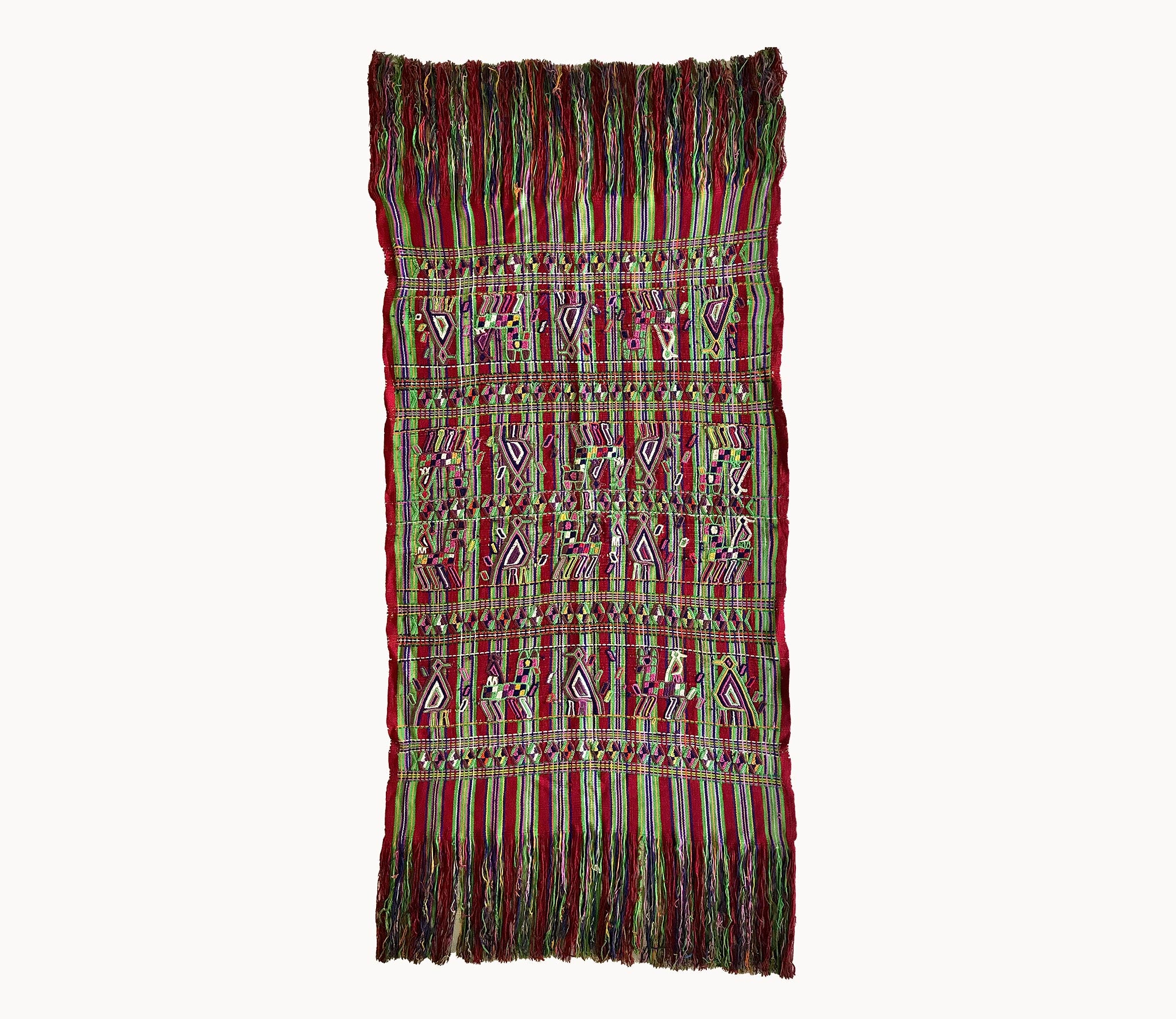 Guatemalan Textile, red and green hand embroidered table runner with fringe, originally a Nebaj tzute