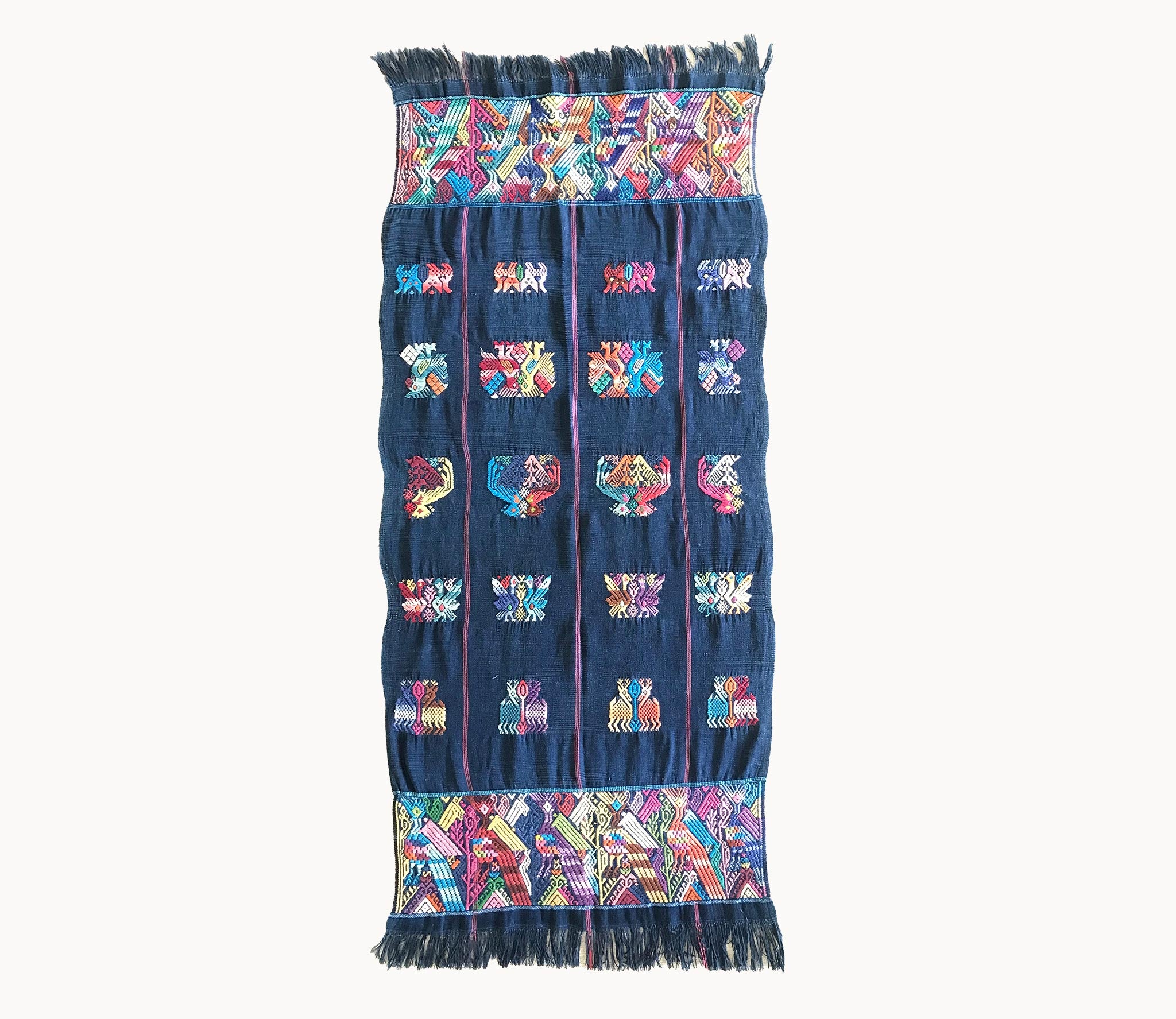 Guatemalan Textile, indigo blue table runner with colourful embroidery, originally a Nahuala tzute