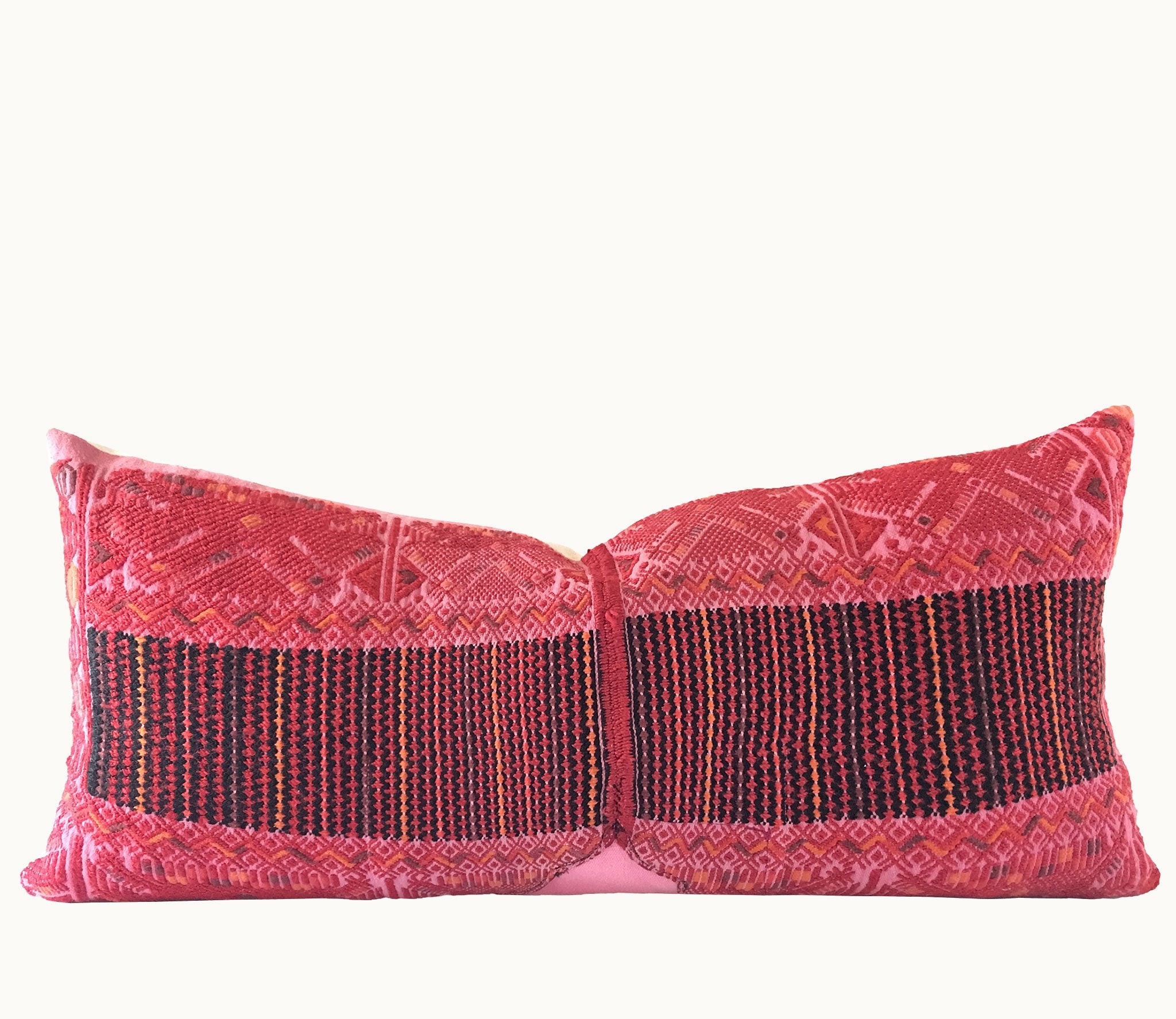 Guatemalan Huipil Pillow, vintage, hand woven bright pink lumbar cushion from Nahuala