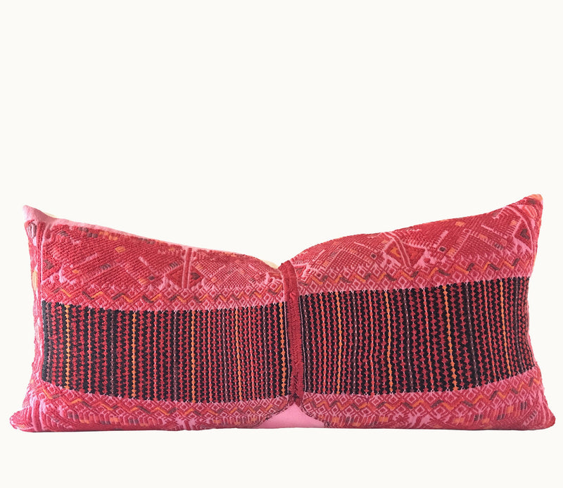 Guatemalan Huipil Pillow, vintage, hand woven bright pink lumbar cushion from Nahuala