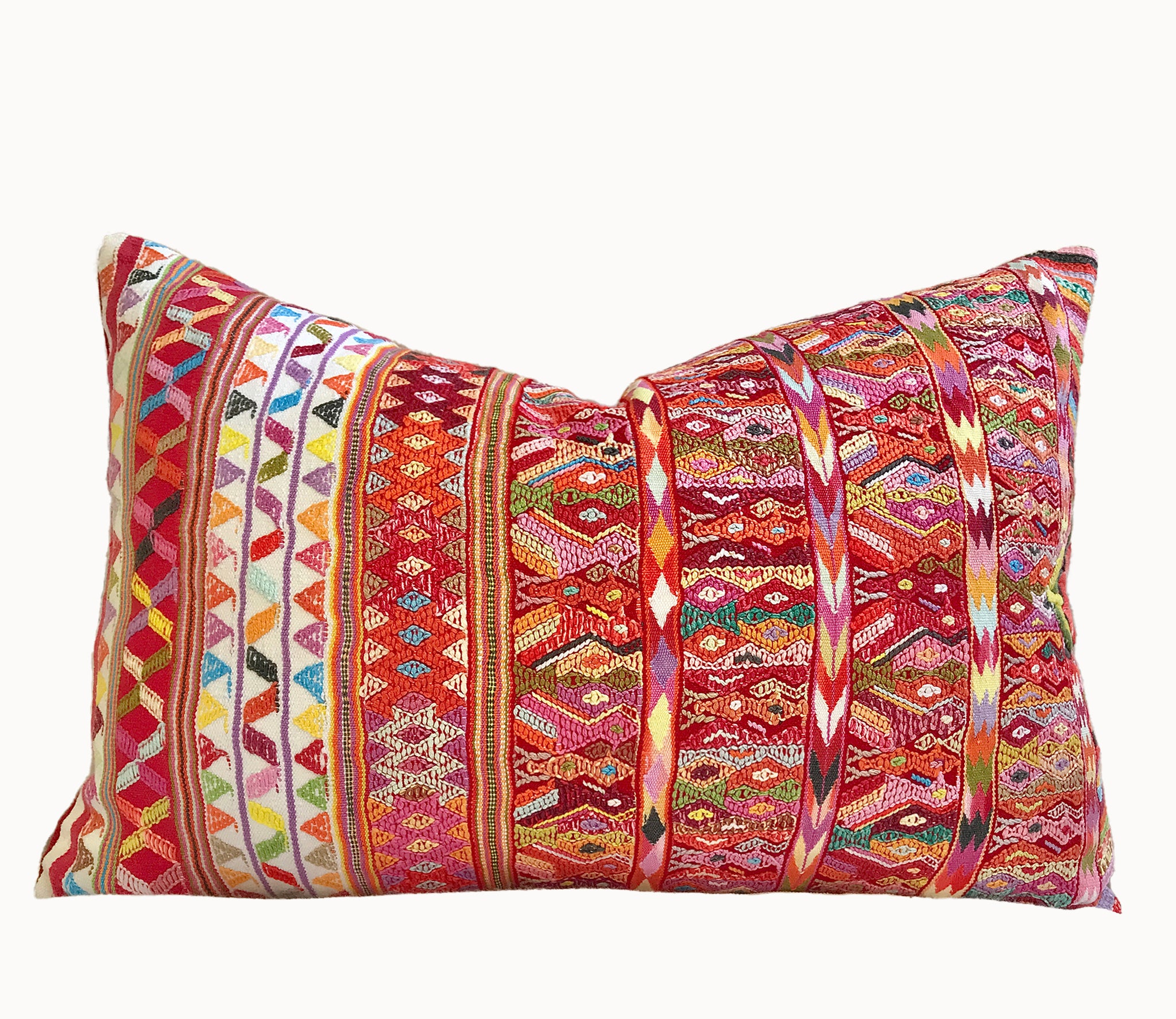 Vintage textile cushions made from a Guatemalan huipil and corte.