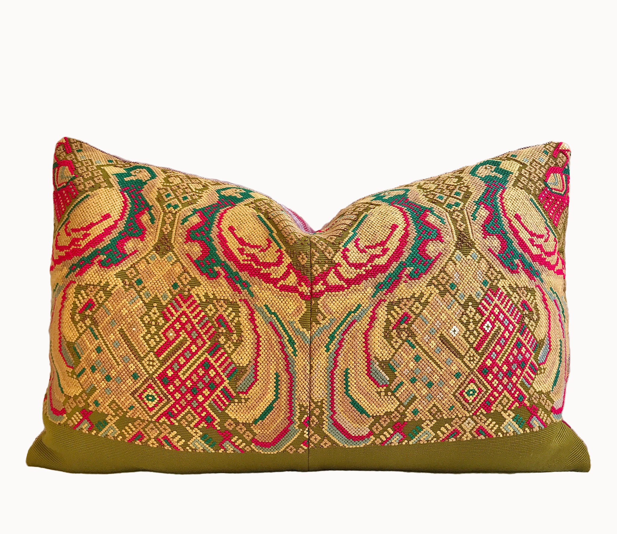 Vintage textile pillows made from a Guatemalan huipil and corte.