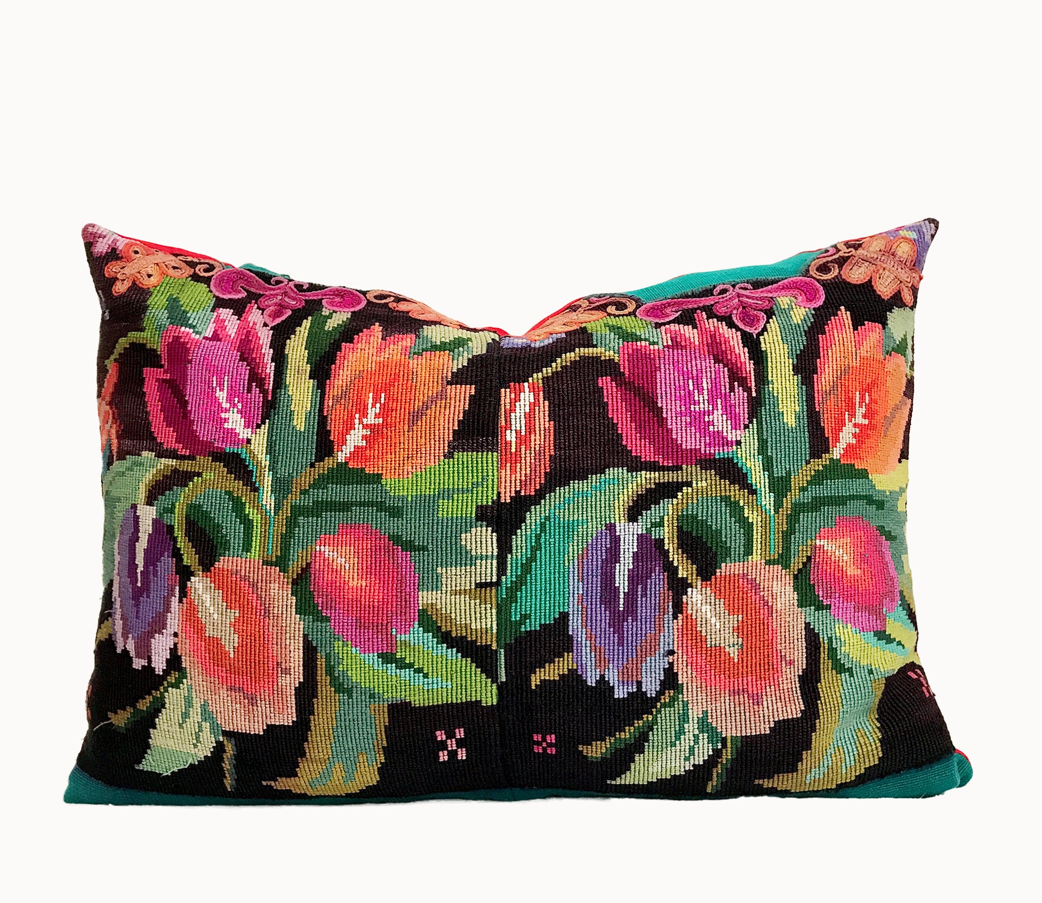 Vintage textile cushions made from a Guatemalan huipil and corte.