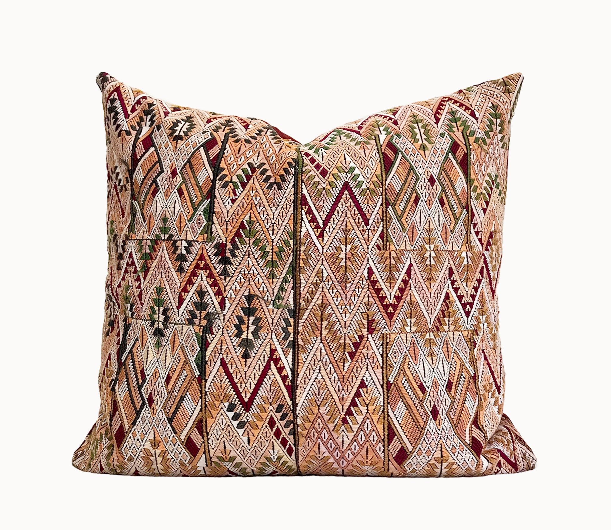 Vintage textile pillows made from a Guatemalan huipil and corte
